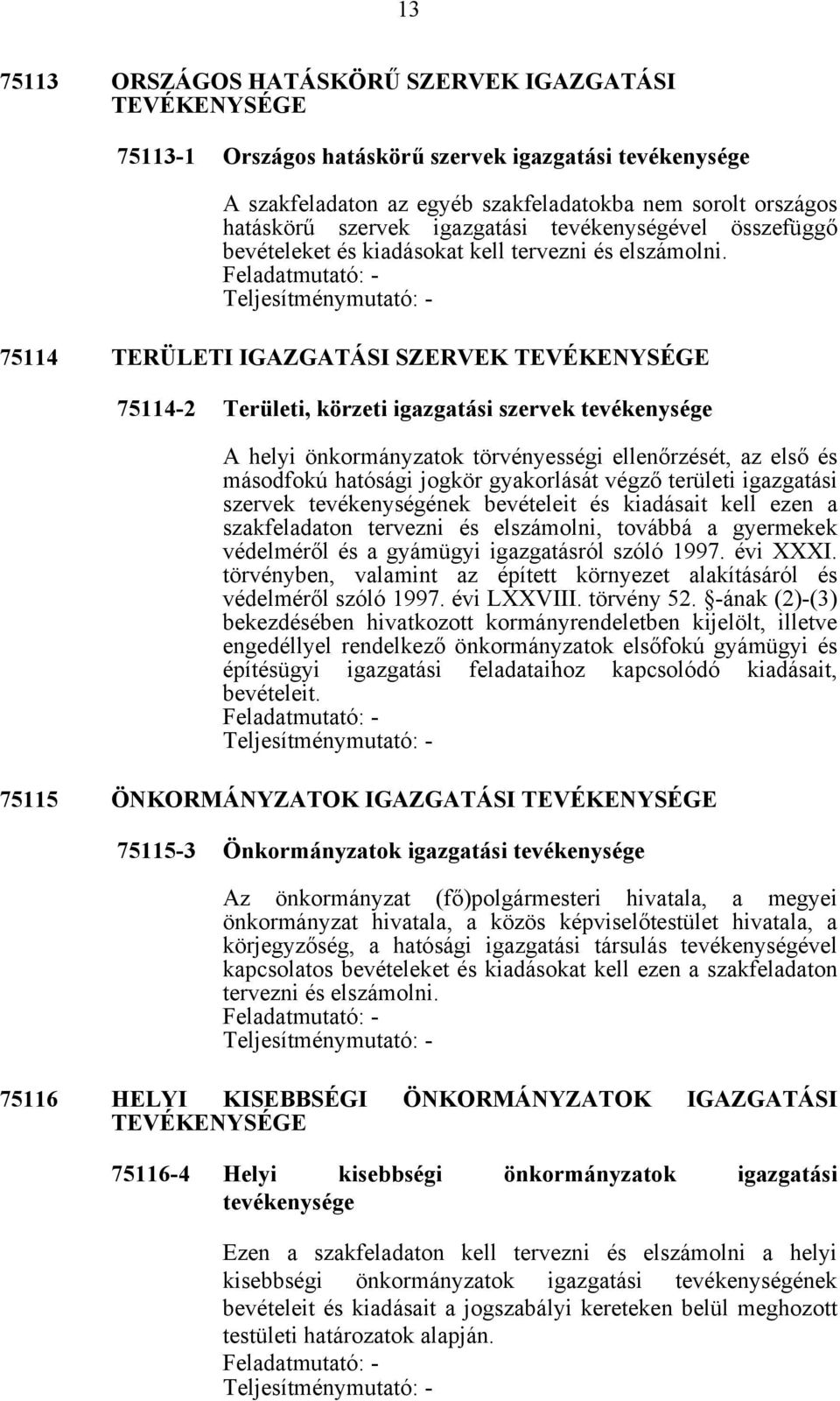 75114 TERÜLETI IGAZGATÁSI SZERVEK TEVÉKENYSÉGE 75114-2 Területi, körzeti igazgatási szervek tevékenysége A helyi önkormányzatok törvényességi ellenőrzését, az első és másodfokú hatósági jogkör