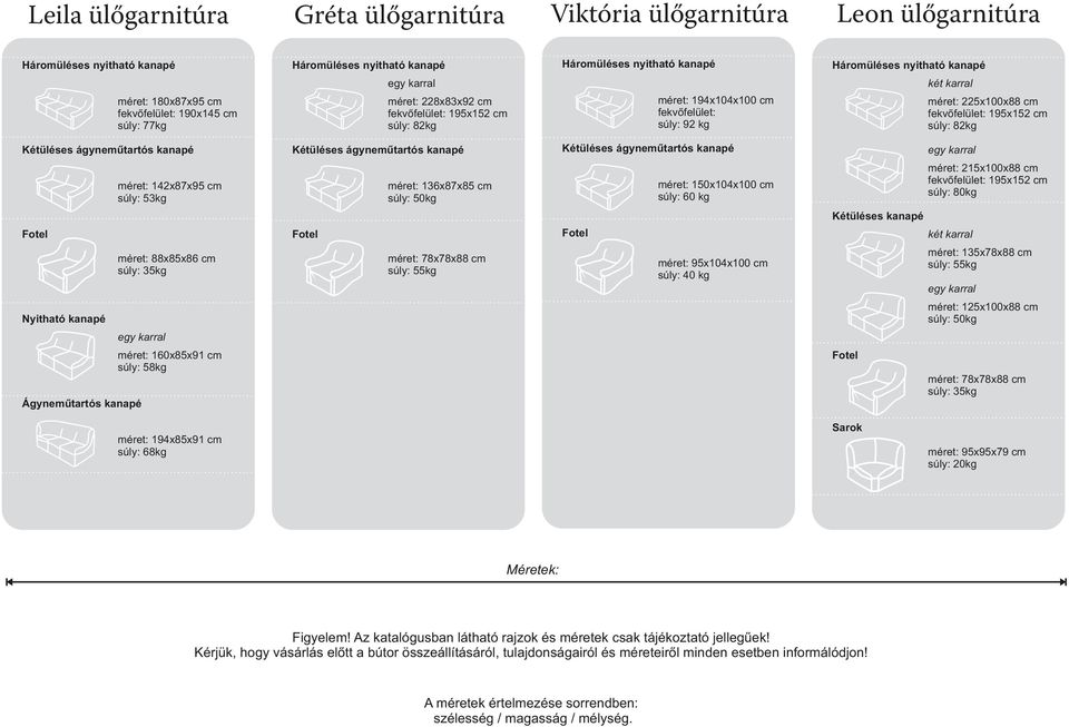 kanapé méret: 142x87x95 cm súly: 53kg méret: 136x87x85 cm súly: 50kg méret: 150x104x100 cm súly: 60 kg méret: 215x100x88 cm fekvőfelület: 195x152 cm súly: 80kg Kétüléses kanapé két karral méret: