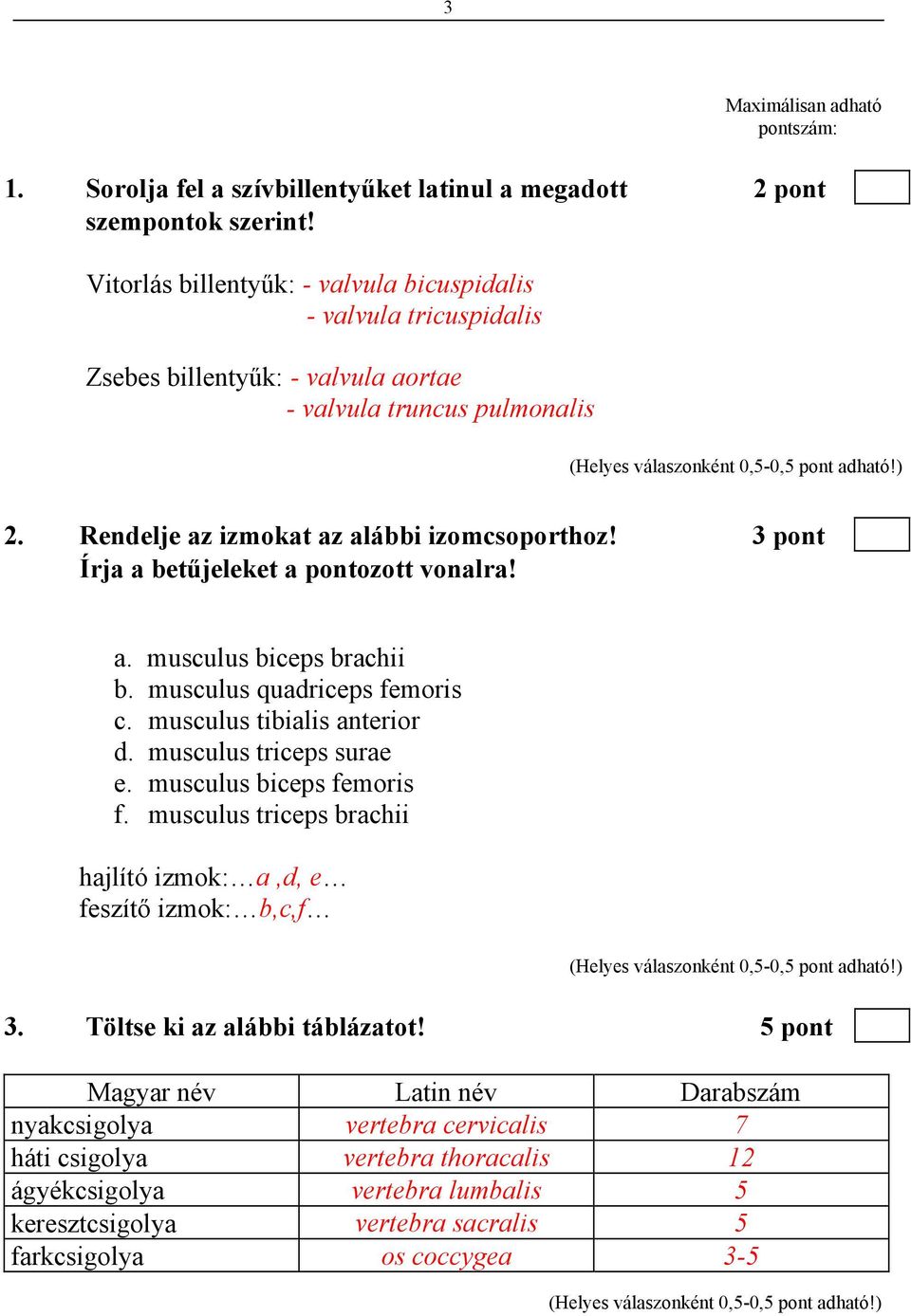 3 pont Írja a betűjeleket a pontozott vonalra! a. musculus biceps brachii b. musculus quadriceps femoris c. musculus tibialis anterior d. musculus triceps surae e. musculus biceps femoris f.