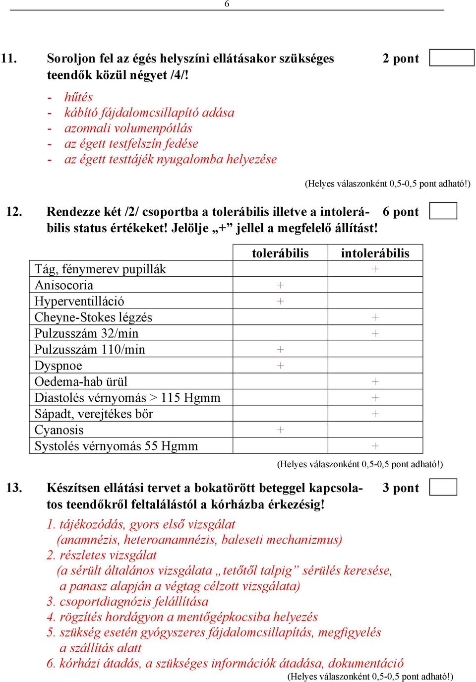 Rendezze két /2/ csoportba a tolerábilis illetve a intolerá- 6 pont bilis status értékeket! Jelölje + jellel a megfelelő állítást!