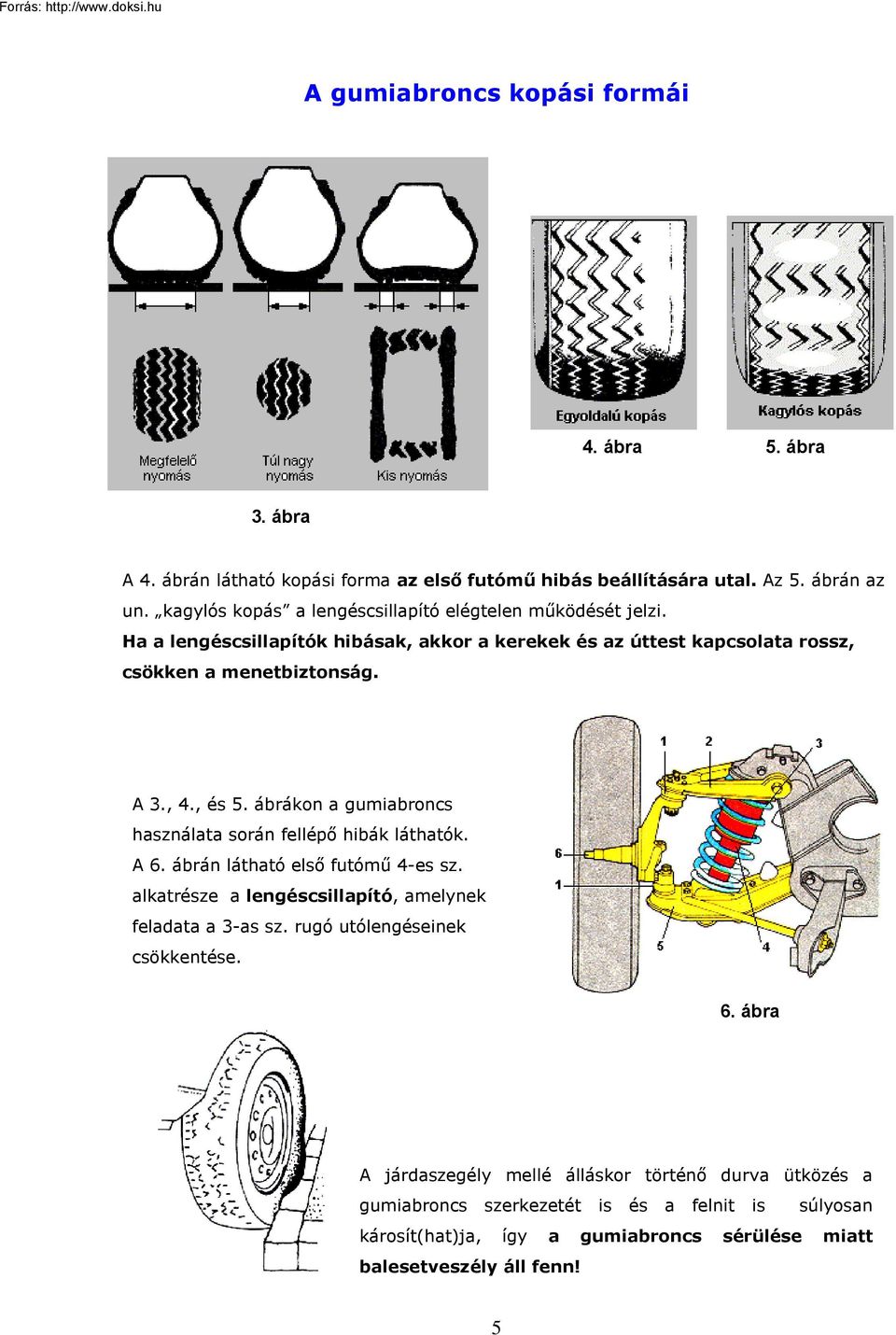 , és 5. ábrákon a gumiabroncs használata során fellépő hibák láthatók. A 6. ábrán látható első futómű 4-es sz. alkatrésze a lengéscsillapító, amelynek feladata a 3-as sz.