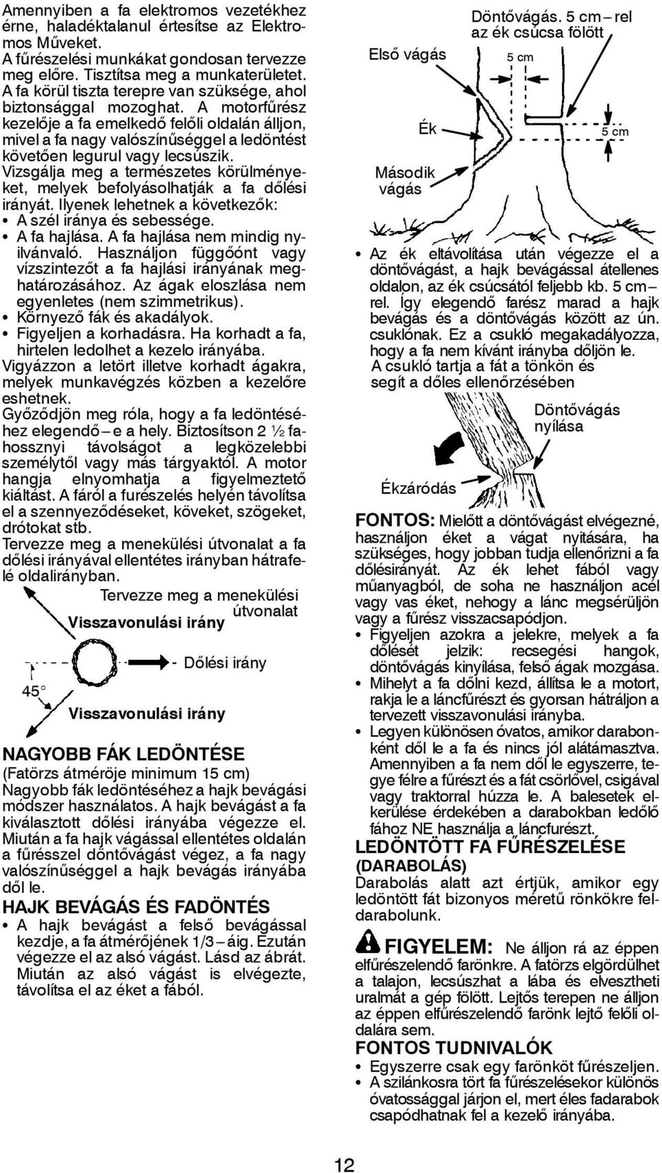 A motorfűrész kezelőjeafaemelkedő felőli oldalán álljon, mivel a fa nagy valószínűséggel a ledöntést követően legurul vagy lecsúszik.