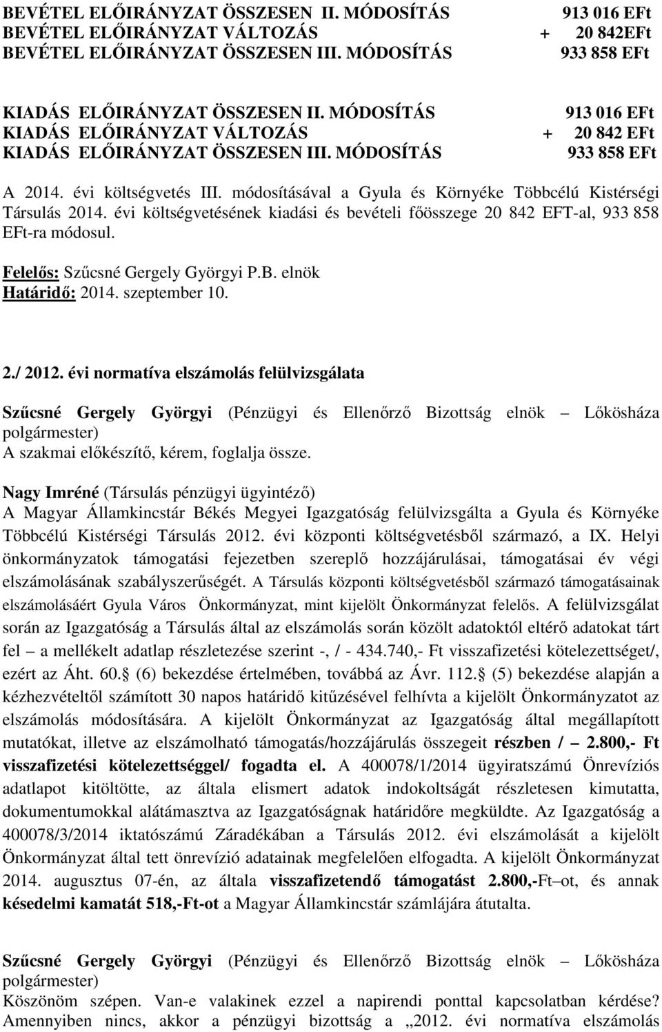 módosításával a Gyula és Környéke Többcélú Kistérségi Társulás 2014. évi költségvetésének kiadási és bevételi főösszege 20 842 EFT-al, 933 858 EFt-ra módosul. Felelős: Szűcsné Gergely Györgyi P.B.