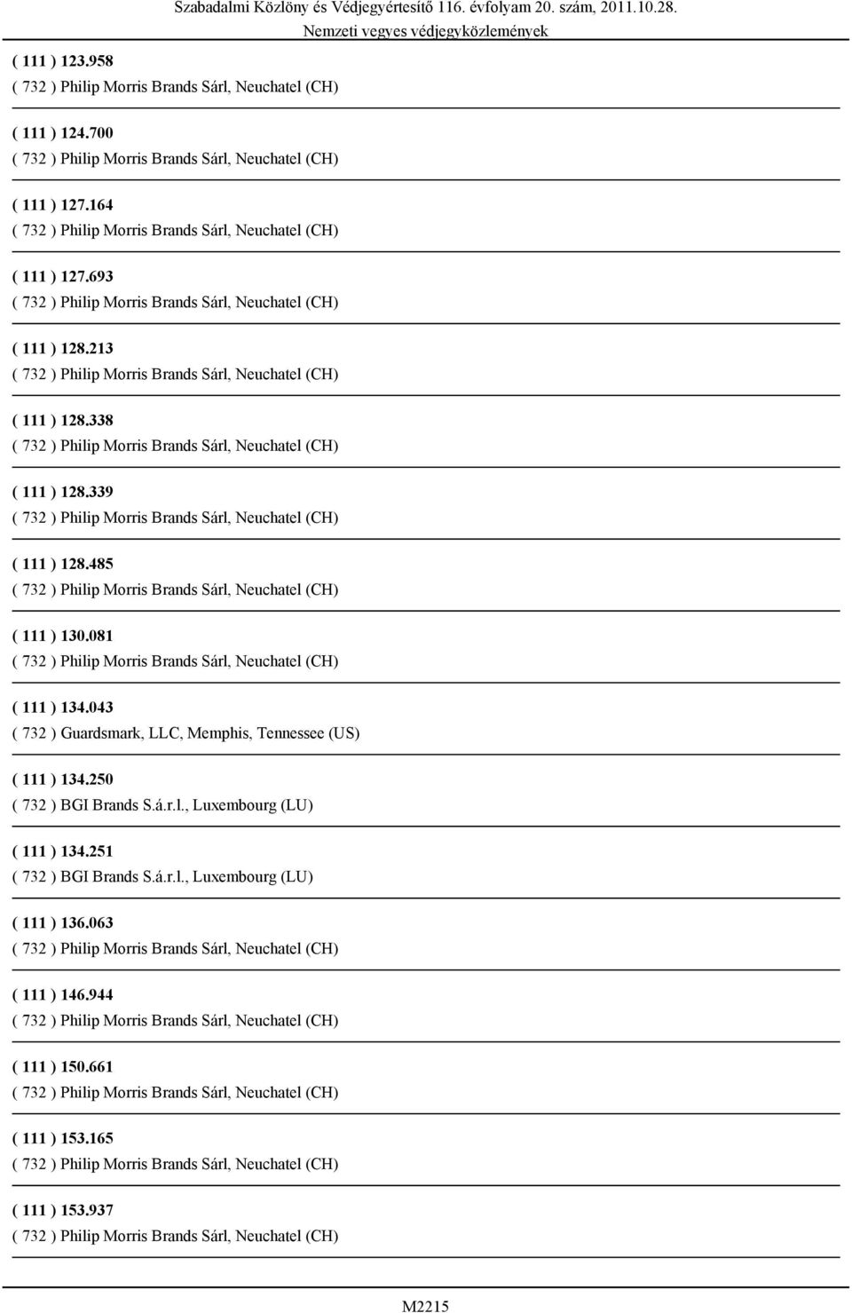 043 ( 732 ) Guardsmark, LLC, Memphis, Tennessee (US) ( 111 ) 134.250 ( 732 ) BGI Brands S.á.r.l.