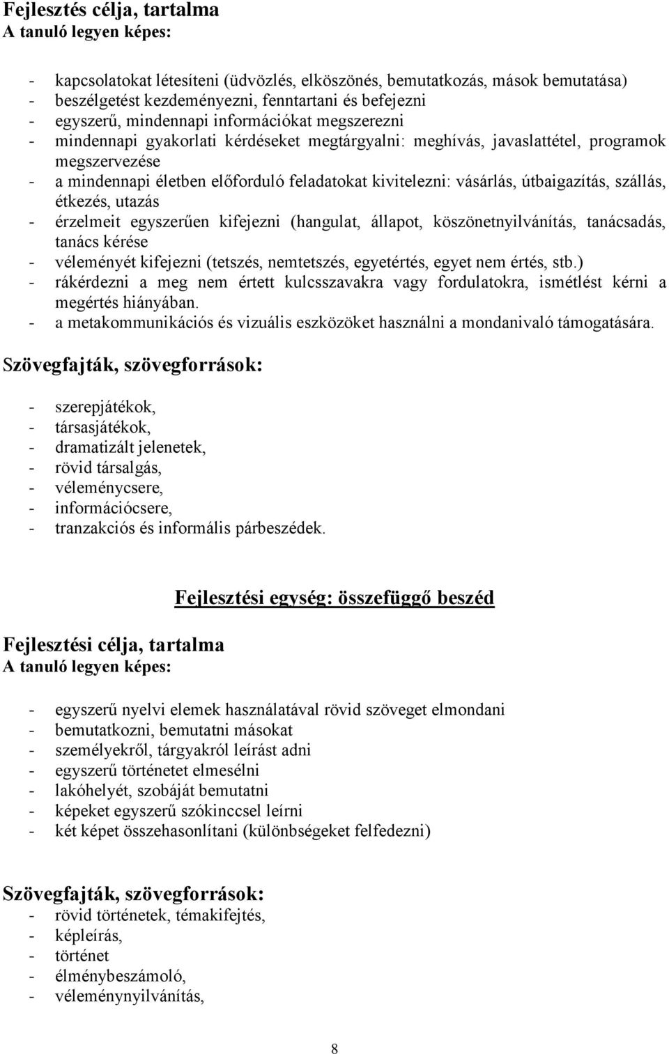 vásárlás, útbaigazítás, szállás, étkezés, utazás - érzelmeit egyszerűen kifejezni (hangulat, állapot, köszönetnyilvánítás, tanácsadás, tanács kérése - véleményét kifejezni (tetszés, nemtetszés,