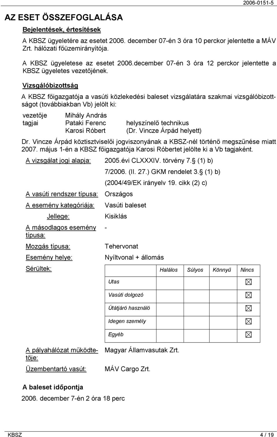 Vizsgálóbizottság A KBSZ főigazgatója a vasúti közlekedési baleset vizsgálatára szakmai vizsgálóbizottságot (továbbiakban Vb) jelölt ki: vezetője Mihály András tagjai Pataki Ferenc helyszínelő