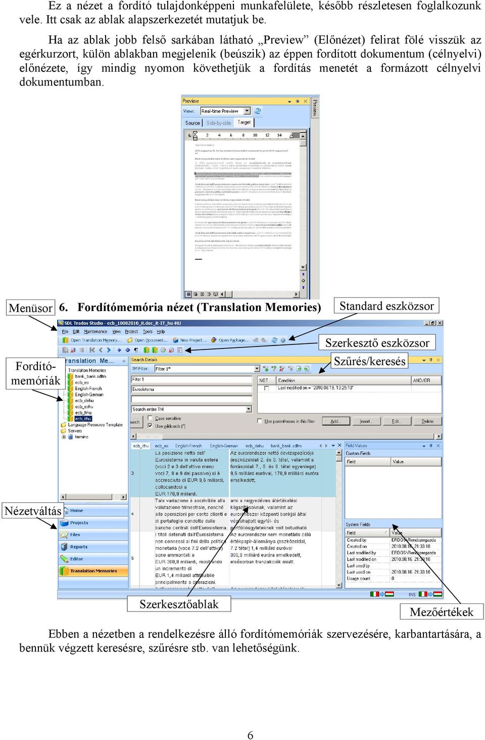előnézete, így mindig nyomon követhetjük a fordítás menetét a formázott célnyelvi dokumentumban. Menüsor 6.