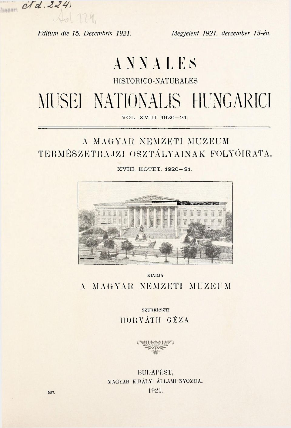 A MAGYAR NEMZETI MUZEUM TE1lM É S Z E TR A JZI 0 S Z TÁLYA1N A K FOLYÓ IRATA. XVIII.