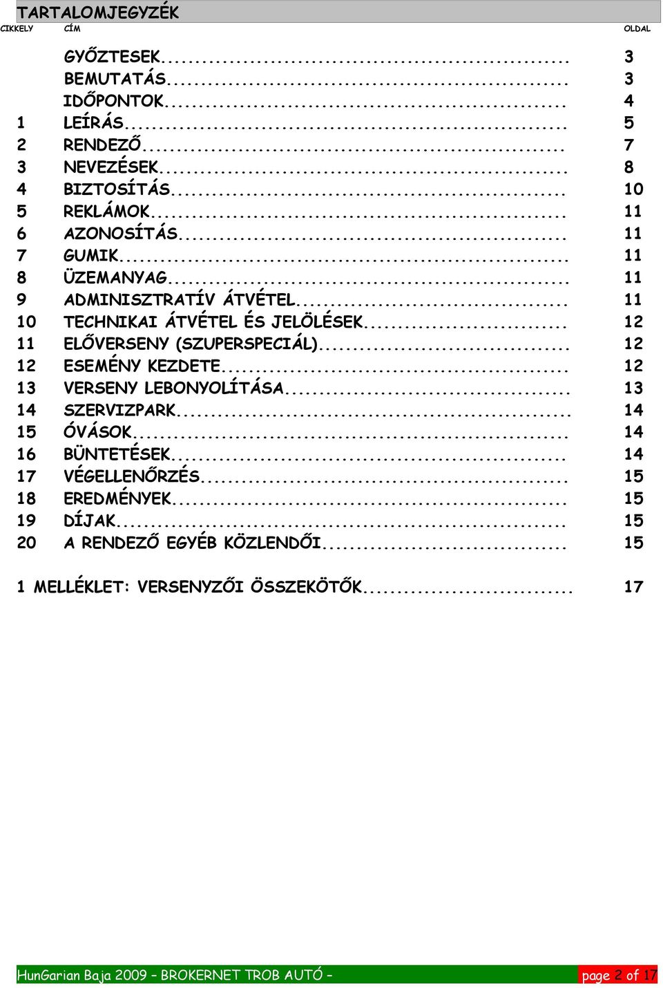 .. VERSENY LEBONYOLÍTÁSA... SZERVIZPARK... ÓVÁSOK... BÜNTETÉSEK... VÉGELLENŐRZÉS... EREDMÉNYEK... DÍJAK... A RENDEZŐ EGYÉB KÖZLENDŐI.