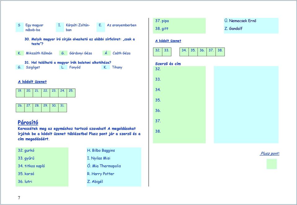 24. 25. Szerzı és cím 32. 33. 34. 26. 27. 28. 29. 30. 31. 35. 36. Párosító Keressétek meg az egymáshoz tartozó szavakat! A megoldásokat írjátok be a kódolt üzenet táblázatba!