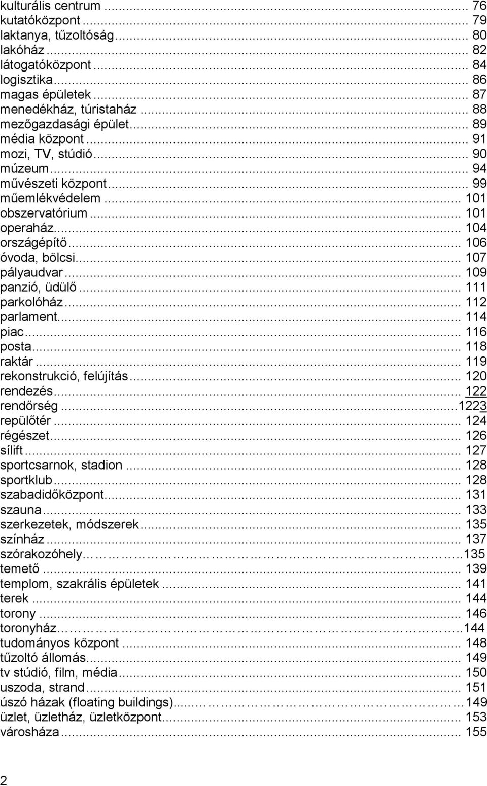 .. 109 panzió, üdülő... 111 parkolóház... 112 parlament... 114 piac... 116 posta... 118 raktár... 119 rekonstrukció, felújítás... 120 rendezés... 122 rendőrség...1223 repülőtér... 124 régészet.