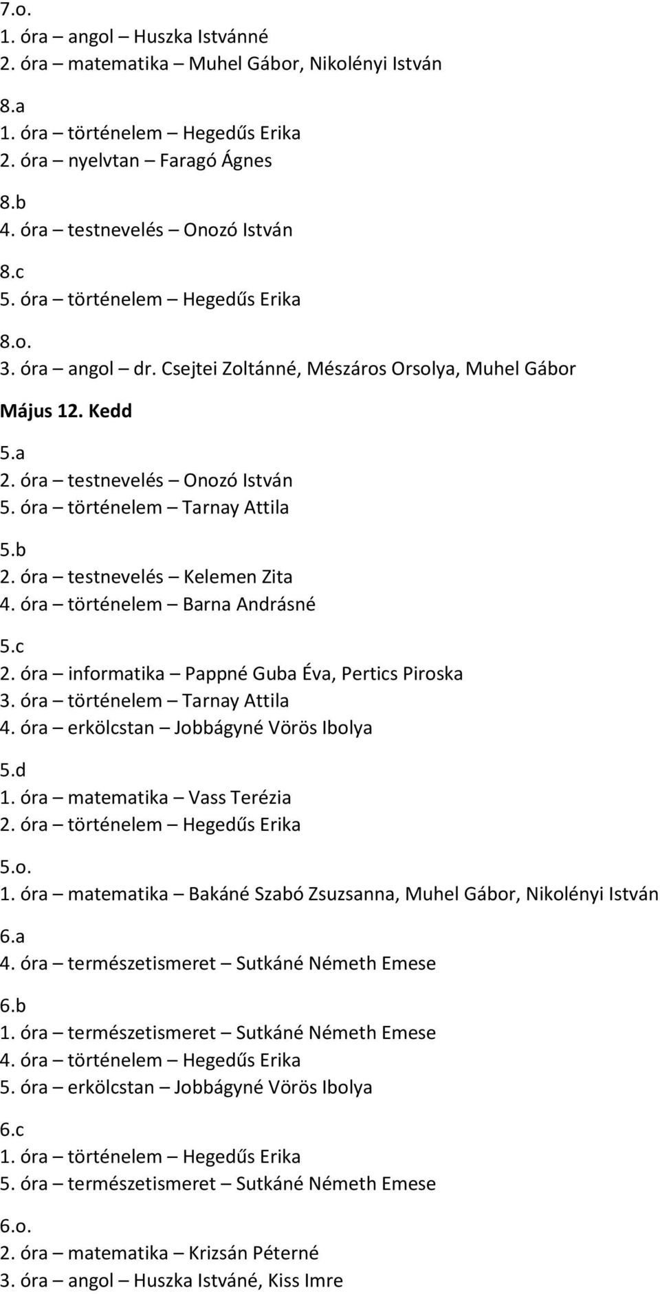 óra testnevelés Kelemen Zita 4. óra történelem Barna Andrásné 2. óra informatika Pappné Guba Éva, Pertics Piroska 3. óra történelem Tarnay Attila 4. óra erkölcstan Jobbágyné Vörös Ibolya 1.