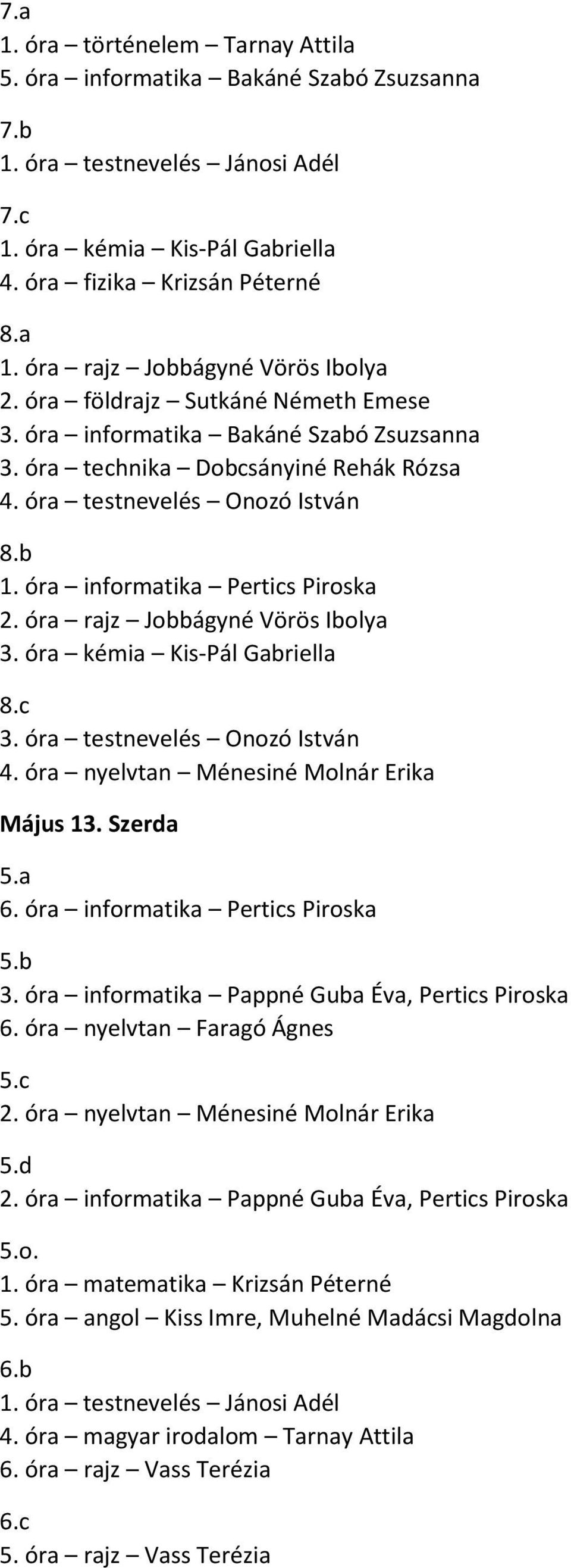 óra kémia Kis-Pál Gabriella 3. óra testnevelés Onozó István 4. óra nyelvtan Ménesiné Molnár Erika Május 13. Szerda 6. óra informatika Pertics Piroska 3.