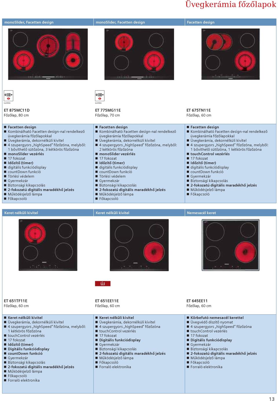 főzőzóna monoslider vezérlés 17 fokozat Időzítő (timer) digitális funkciódisplay countdown funkció Törlési védelem Biztonsági kikapcsolás 2-fokozatú digitális maradékhő jelzés Működésjelző lámpa