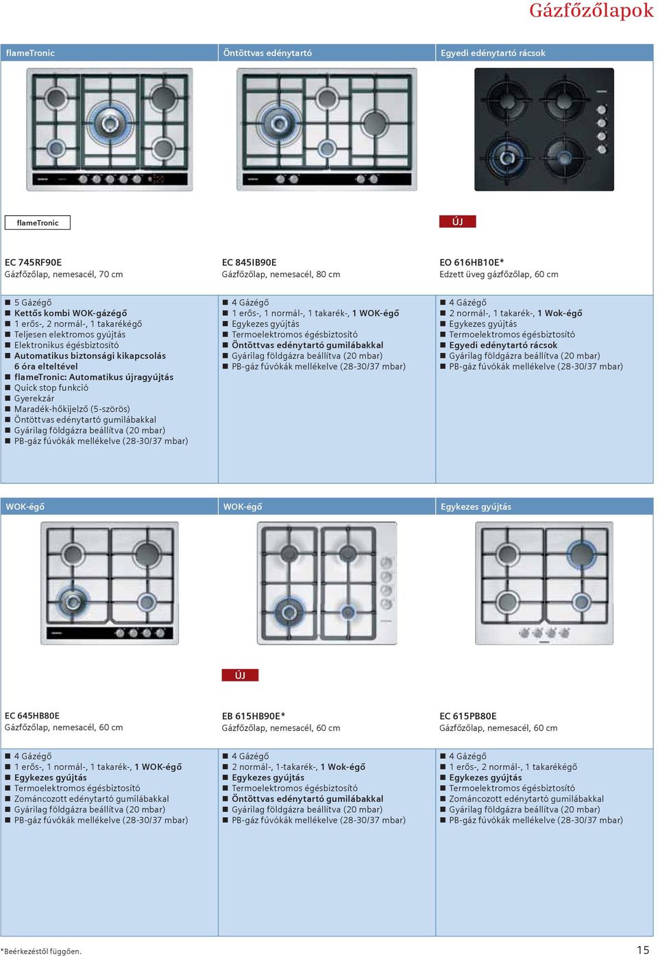 flametronic: Automatikus újragyújtás Quick stop funkció Gyerekzár Maradék-hőkijelző (5-szörös) Öntöttvas edénytartó gumilábakkal Gyárilag földgázra beállítva (20 mbar) PB-gáz fúvókák mellékelve