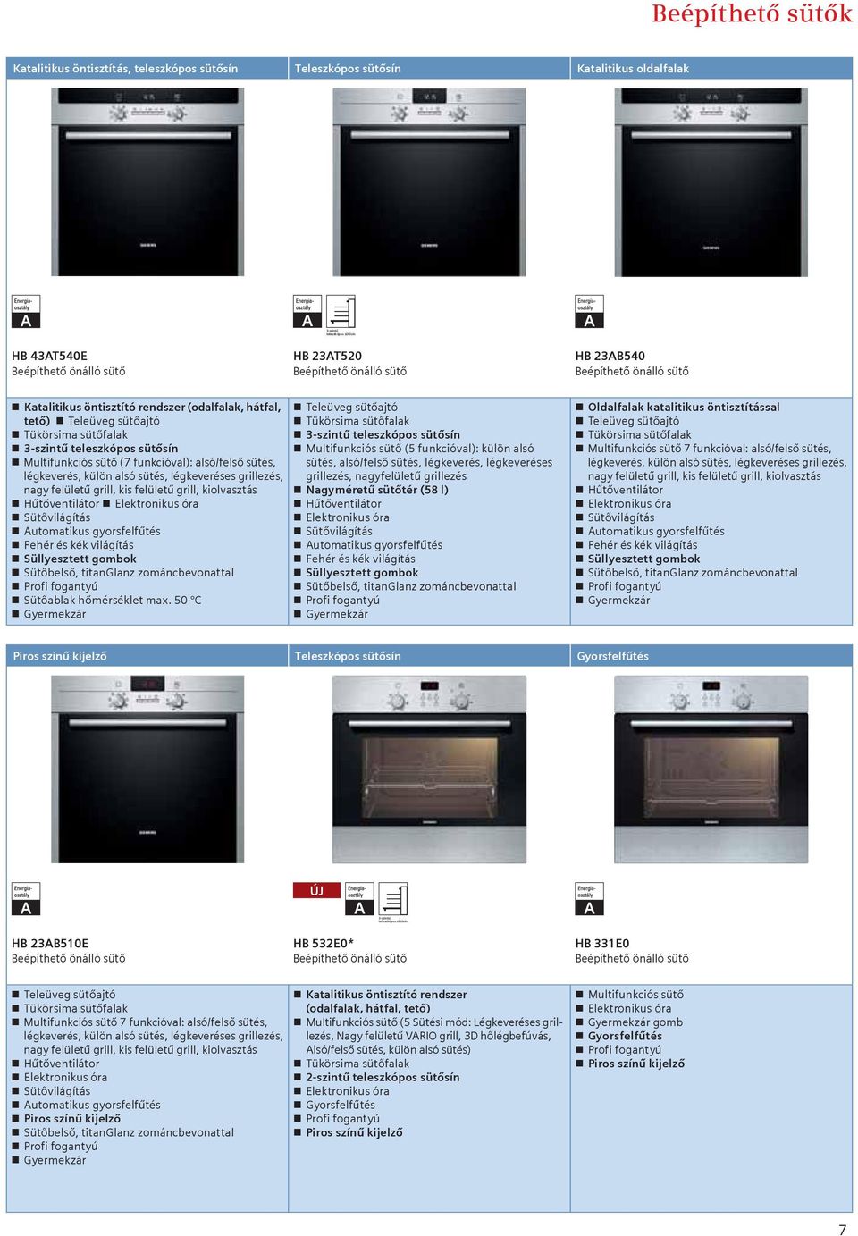 alsó/felső sütés, légkeverés, külön alsó sütés, légkeveréses grillezés, nagy felületű grill, kis felületű grill, kiolvasztás Hűtőventilátor Elektronikus óra Sütővilágítás Automatikus gyorsfelfűtés