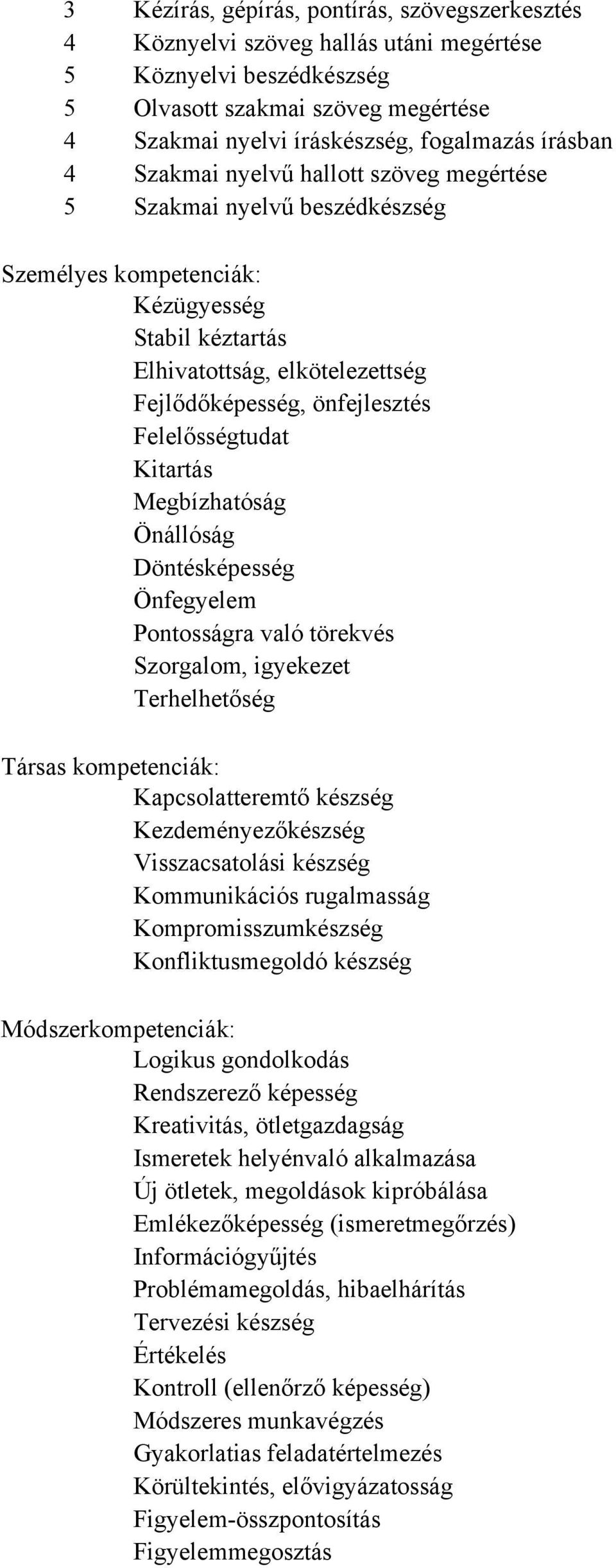 Felelősségtudat Kitartás Megbízhatóság Önállóság Döntésképesség Önfegyelem Pontosságra való törekvés Szorgalom, igyekezet Terhelhetőség Társas kompetenciák: Kapcsolatteremtő készség