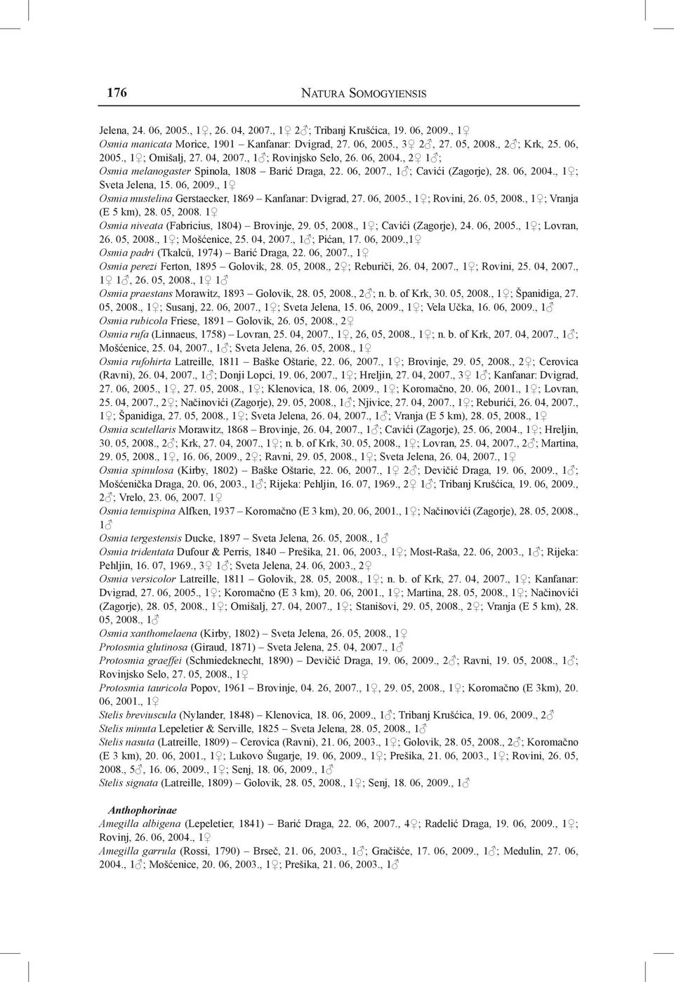 06, 2009., 1 Osmia mustelina Gerstaecker, 1869 Kanfanar: Dvigrad, 27. 06, 2005., 1 ; Rovini, 26. 05, 2008., 1 ; Vranja (E 5 km), 28. 05, 2008. 1 Osmia niveata (Fabricius, 1804) Brovinje, 29. 05, 2008., 1 ; Cavići (Zagorje), 24.