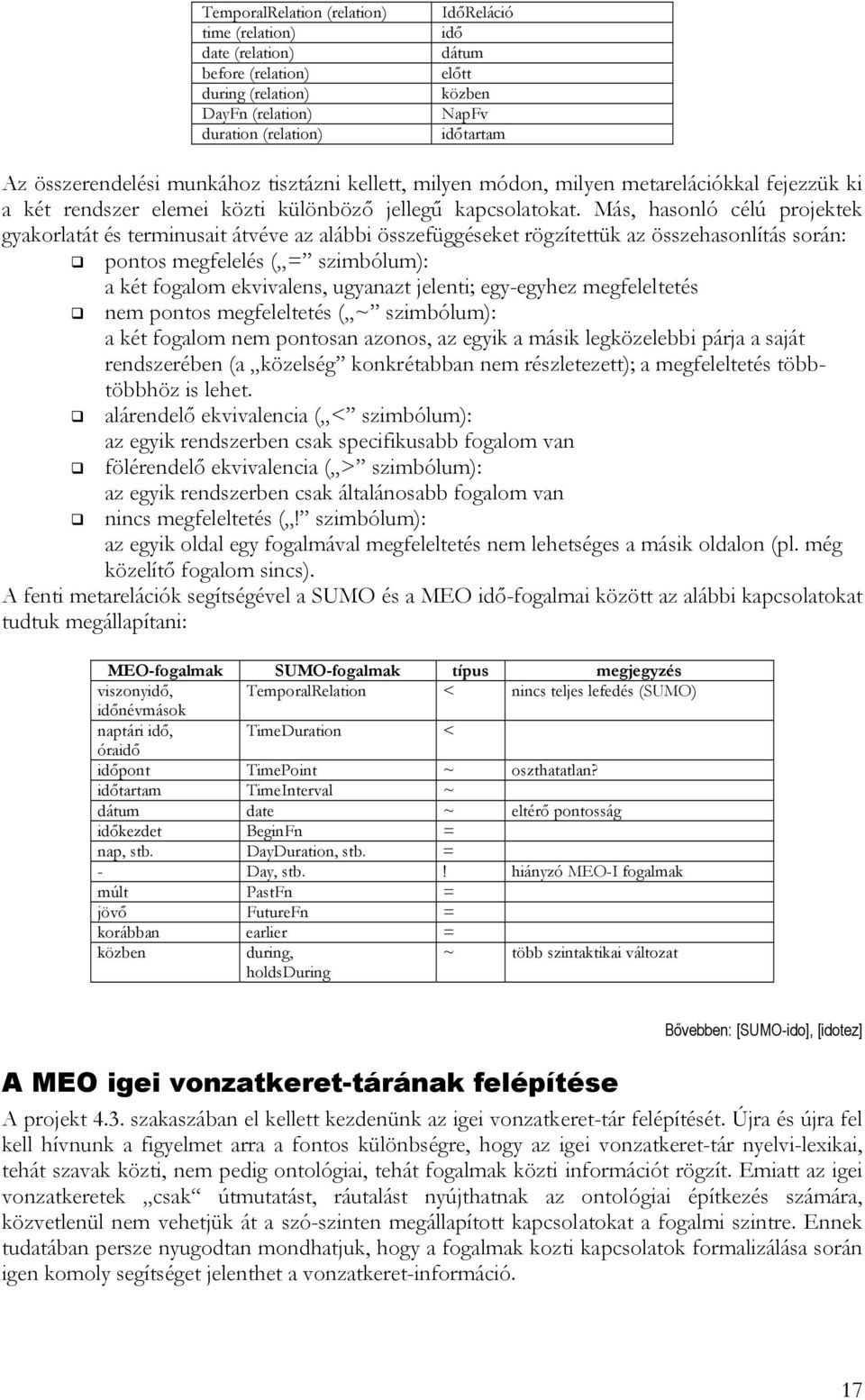 Más, hasonló célú projektek gyakorlatát és terminusait átvéve az alábbi összefüggéseket rögzítettük az összehasonlítás során: pontos megfelelés ( = szimbólum): a két fogalom ekvivalens, ugyanazt