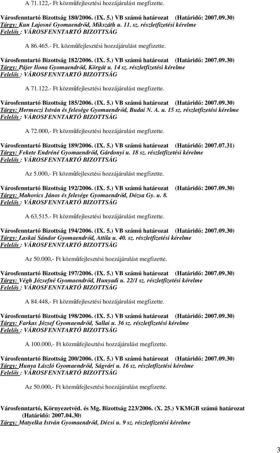 részletfizetési kérelme Felelős : VÁROSFENNTARTÓ BIZOTTSÁG A 71.122.- Ft közműfejlesztési hozzájárulást megfizette. Városfenntartó Bizottság 185/2006. (IX. 5.) VB számú határozat (Határidő: 2007.09.