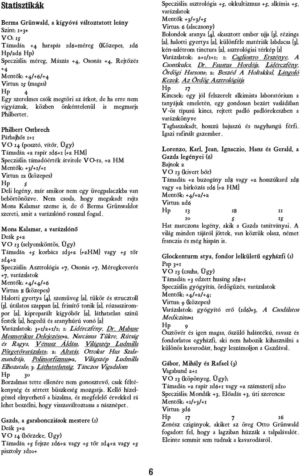 Philbert Ostbrech Párbajhős 1+1 VO 14 (posztó, vítőr, Ügy) Támadás: +2 rapír 1d6+1 [+2 HM] Specziális: támadóérték átvitele VO-ra, +2 HM Mentők: +3/+1/+1 Virtus: 12 (közepes) Hp 5 Deli legény, már