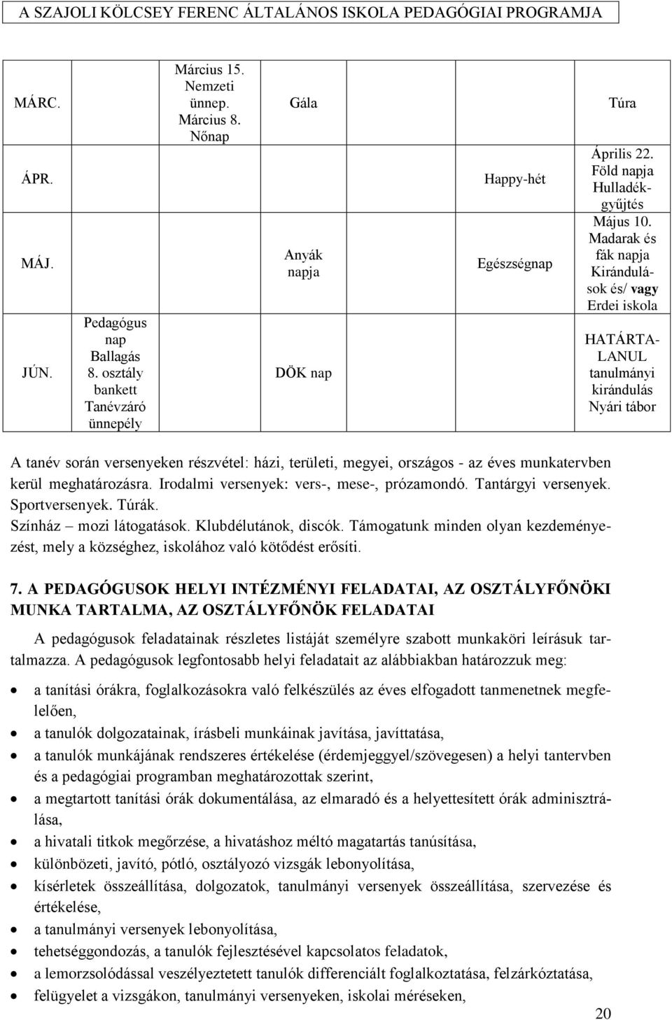 Madarak és fák napja Kirándulások és/ vagy Erdei iskola HATÁRTA- LANUL tanulmányi kirándulás Nyári tábor A tanév során versenyeken részvétel: házi, területi, megyei, országos - az éves munkatervben