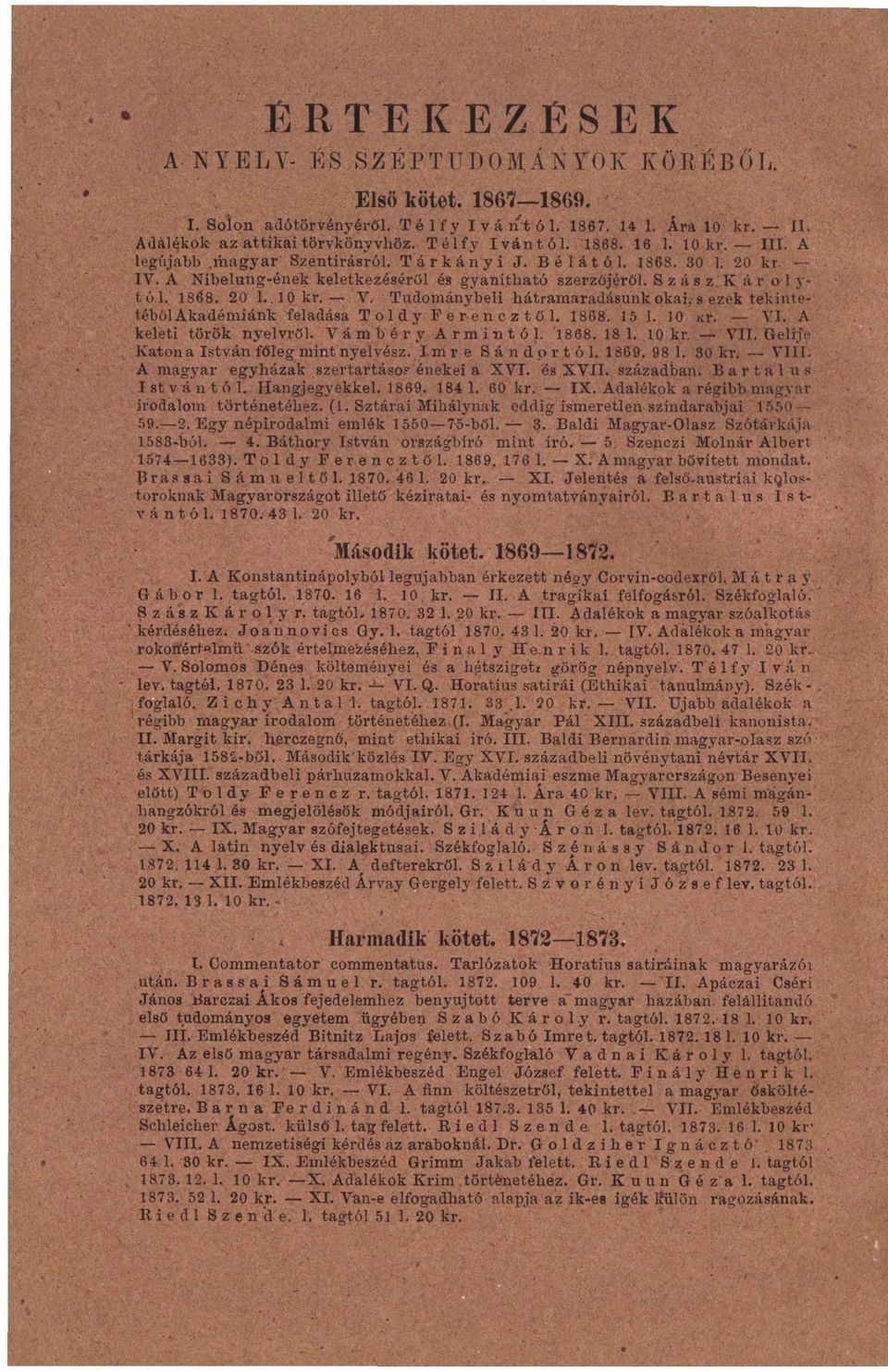 20 1.. 10 kr. V. Tndománybeli hátramaradásunk okai, s ezek tekintetéből Akadémiánk feladása Toldy Perencztíí.1. 1868. 15 1. 10 nr. VI. A keleti török nyelvről. Vámbéry Ármintól. 1868. 18 1. 10 kr. VII.