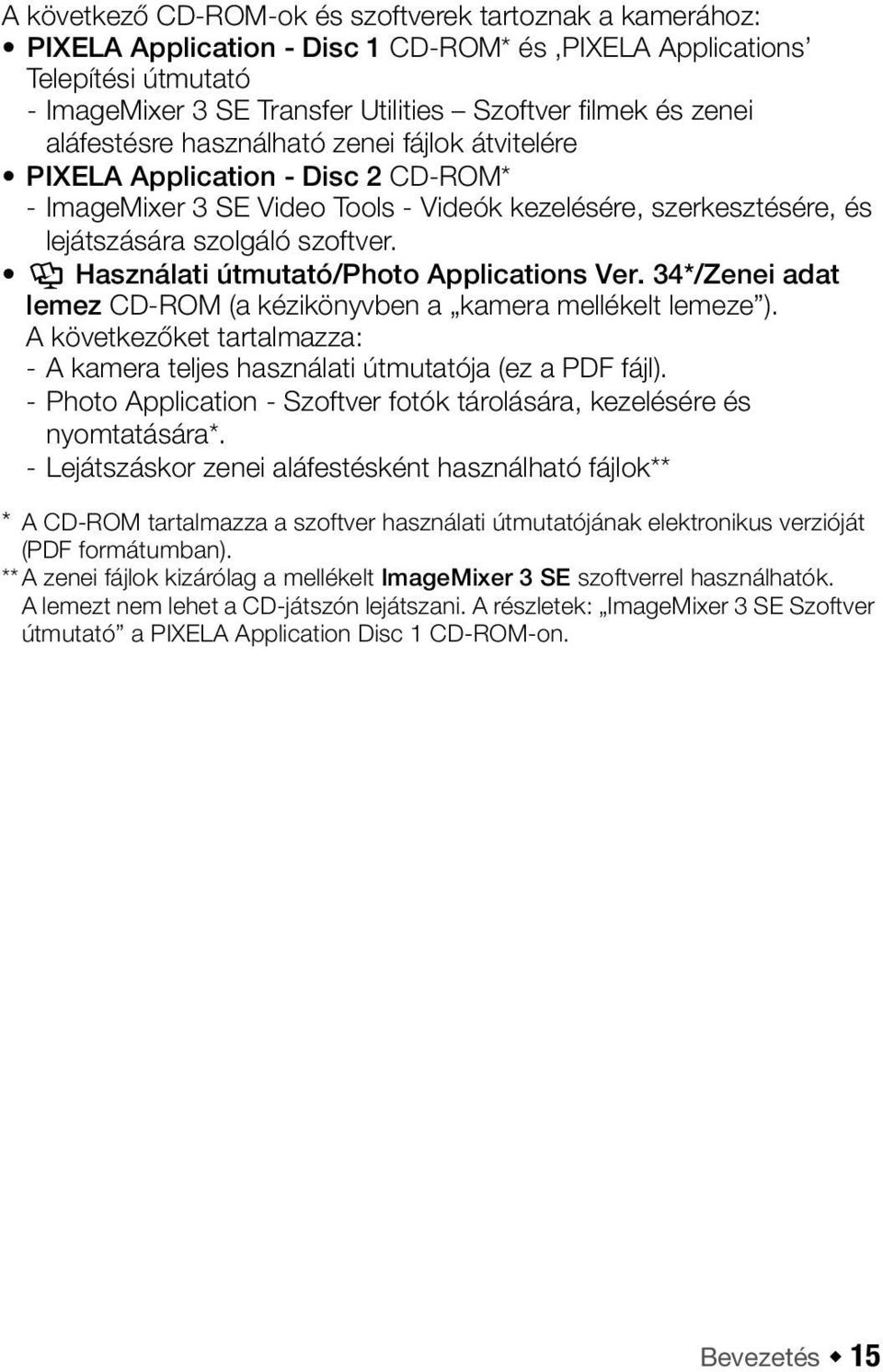 Y Használati útmutató/photo Applications Ver. 34*/Zenei adat lemez CD-ROM (a kézikönyvben a kamera mellékelt lemeze ).