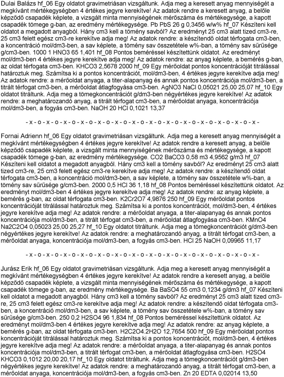 KHCO3 2,5678 2000 hf_09 Egy mérőoldat pontos koncentrációját titrálással titrált térfogat cm3-ben, a mérőoldat átlagfogyása cm3-ben. AgNO3 NaCl 0,05021 25,00 25,07 hf_10 Egy oldatot titráltunk.