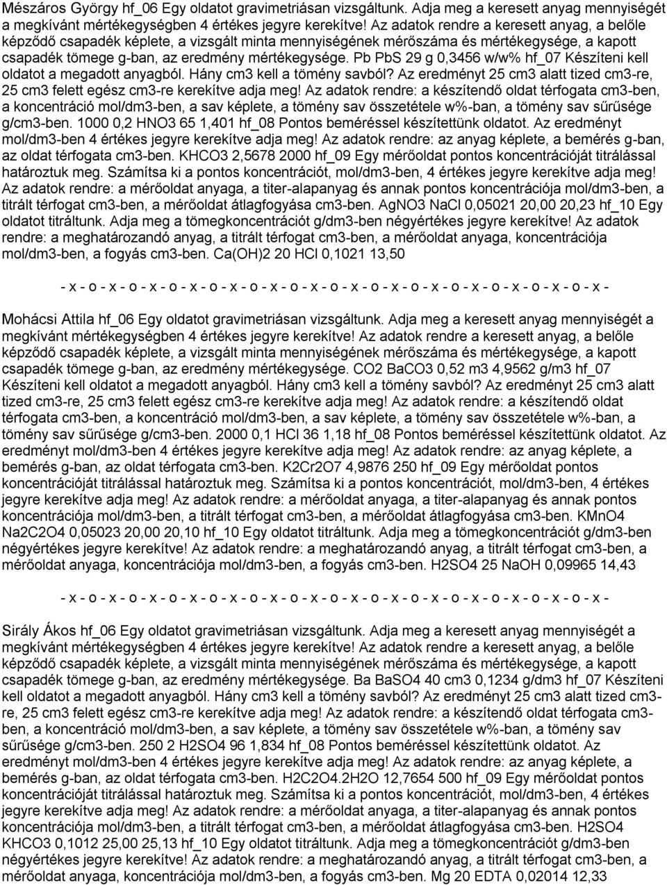 KHCO3 2,5678 2000 hf_09 Egy mérőoldat pontos koncentrációját titrálással titrált térfogat cm3-ben, a mérőoldat átlagfogyása cm3-ben. AgNO3 NaCl 0,05021 20,00 20,23 hf_10 Egy oldatot titráltunk.