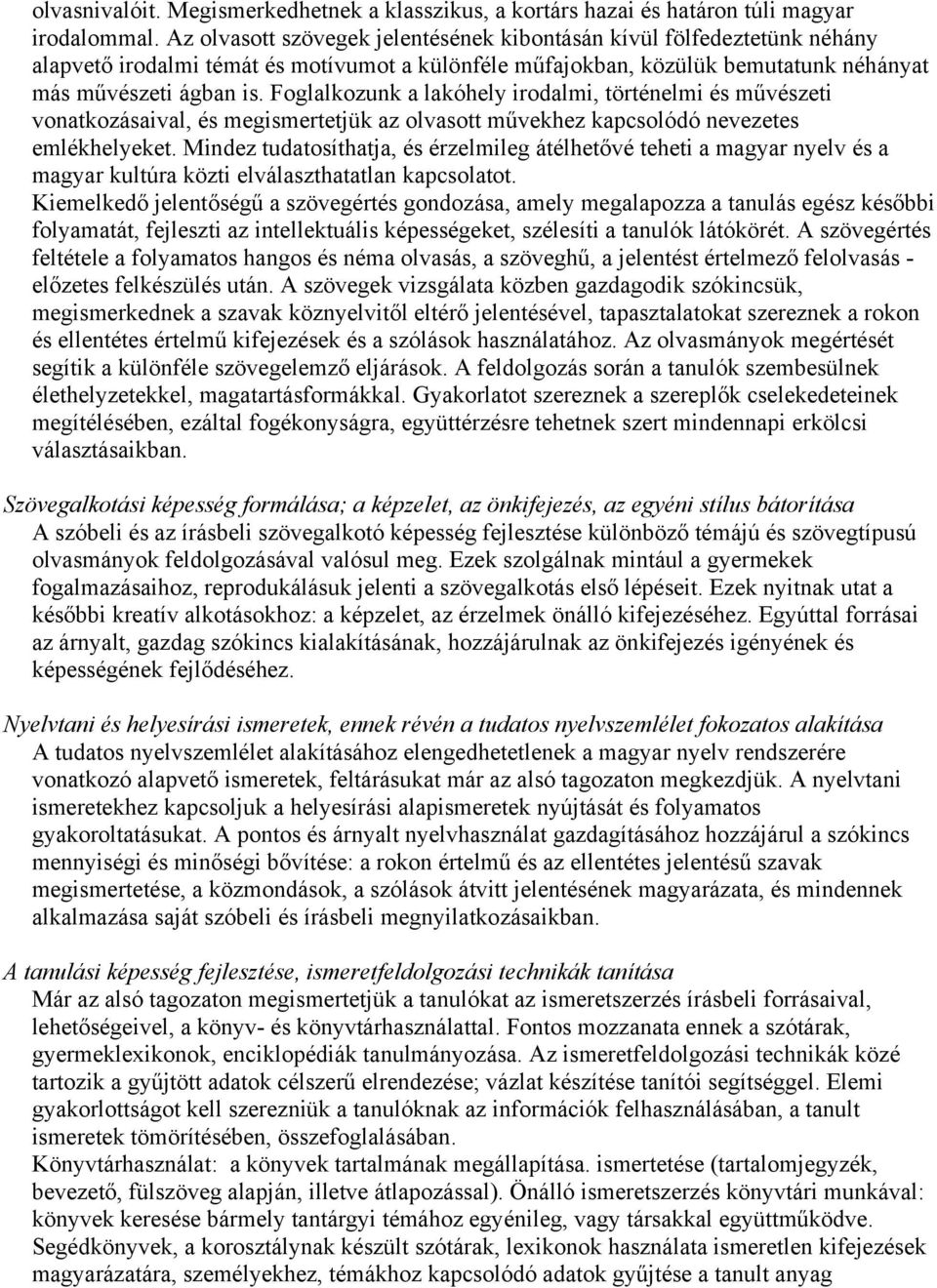 Foglalkozunk a lakóhely irodalmi, történelmi és művészeti vonatkozásaival, és megismertetjük az olvasott művekhez kapcsolódó nevezetes emlékhelyeket.