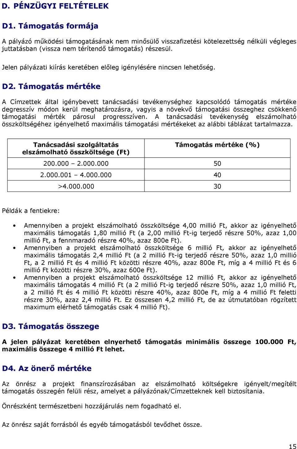 Támogatás mértéke A Címzettek által igénybevett tanácsadási tevékenységhez kapcsolódó támogatás mértéke degresszív módon kerül meghatározásra, vagyis a növekvő támogatási összeghez csökkenő