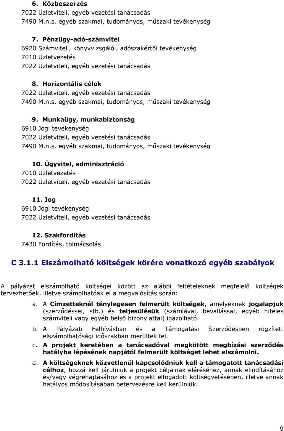 Horizontális célok 7022 Üzletviteli, egyéb vezetési tanácsadás 7490 M.n.s. egyéb szakmai, tudományos, műszaki tevékenység 9.