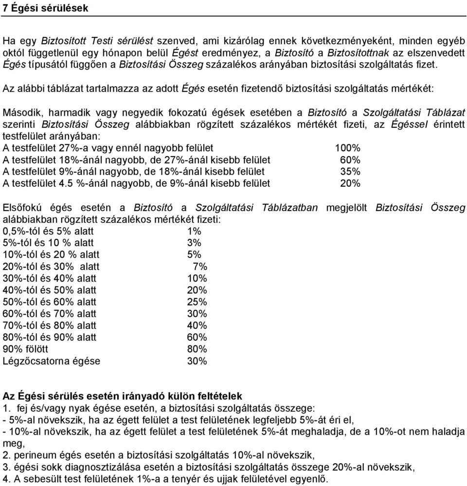 Az alábbi táblázat tartalmazza az adott Égés esetén fizetendő biztosítási szolgáltatás mértékét: Második, harmadik vagy negyedik fokozatú égések esetében a Biztosító a Szolgáltatási Táblázat szerinti