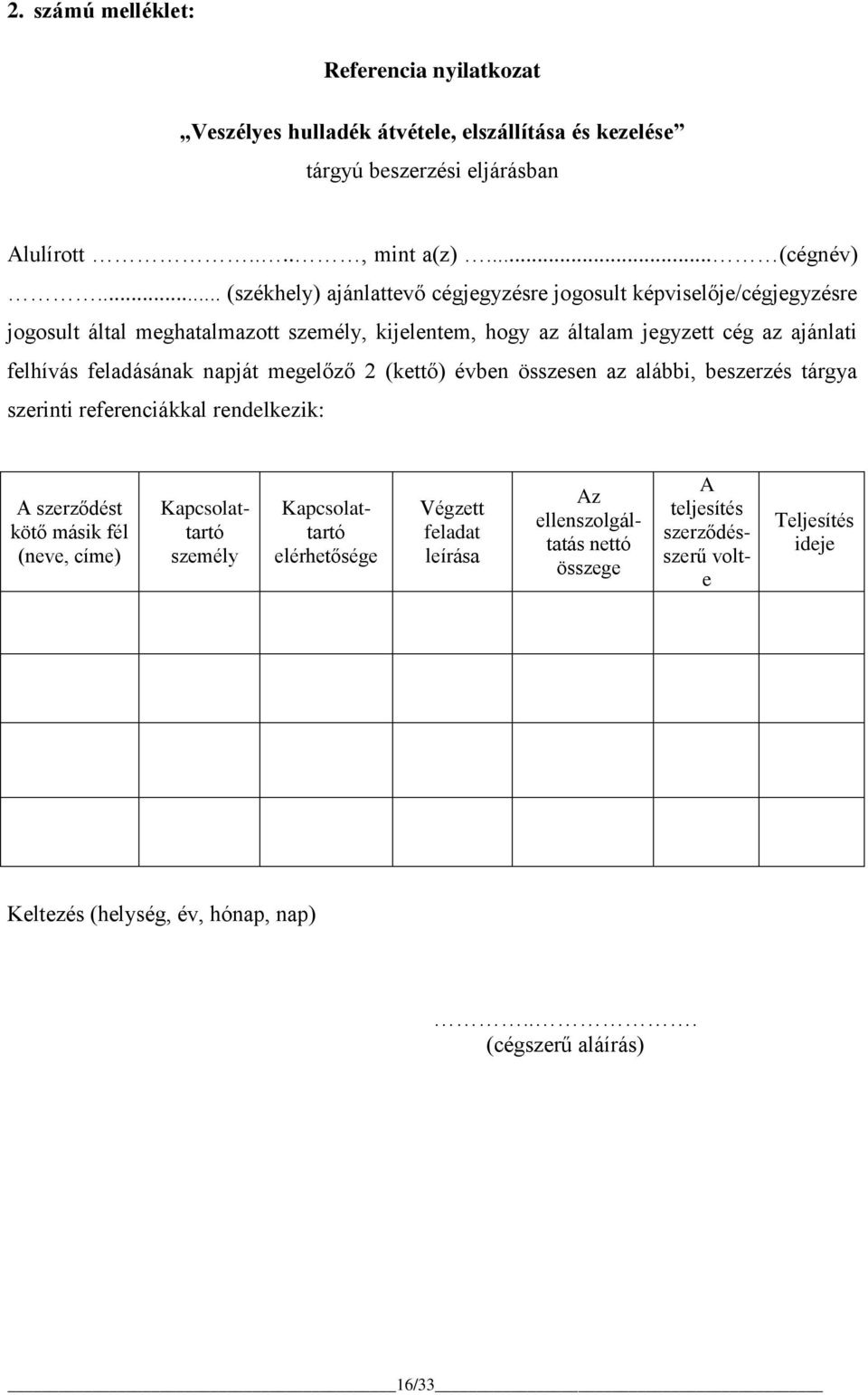 feladásának napját megelőző 2 (kettő) évben összesen az alábbi, beszerzés tárgya szerinti referenciákkal rendelkezik: A szerződést kötő másik fél (neve, címe) Kapcsolattartó