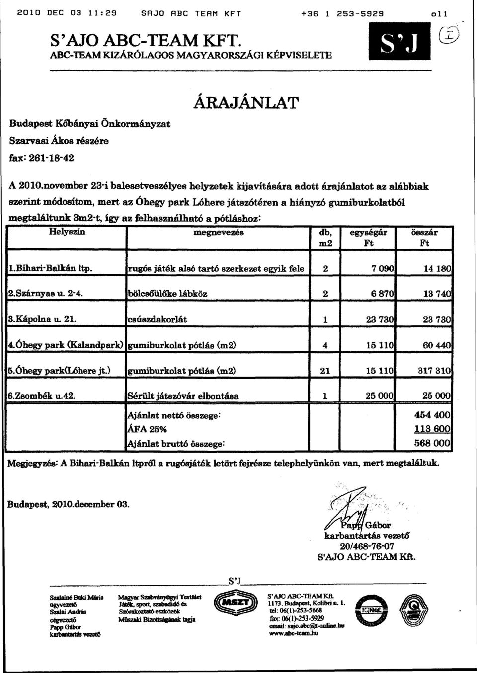 november 23-i balesetveszélyes helyzetek kijavításara adott árajánlatot az alábbiak szerint módosítom, mert az Óhegy park Lóhere játszótéren a hiányzó gumiburkolatból megtaláltunk 3m2-t, így az