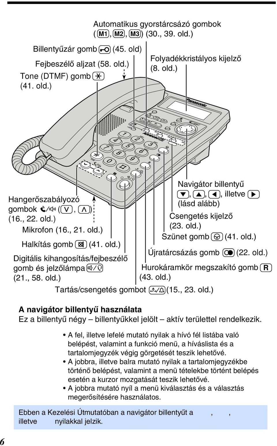 old.) Szünet gomb (4. old.) Újratárcsázás gomb Hurokáramkör megszakító gomb (4. old.) (5.,. old.) A navigátor billentyù használata Ez a billentyù négy billentyùkkel jelölt aktív területtel rendelkezik.