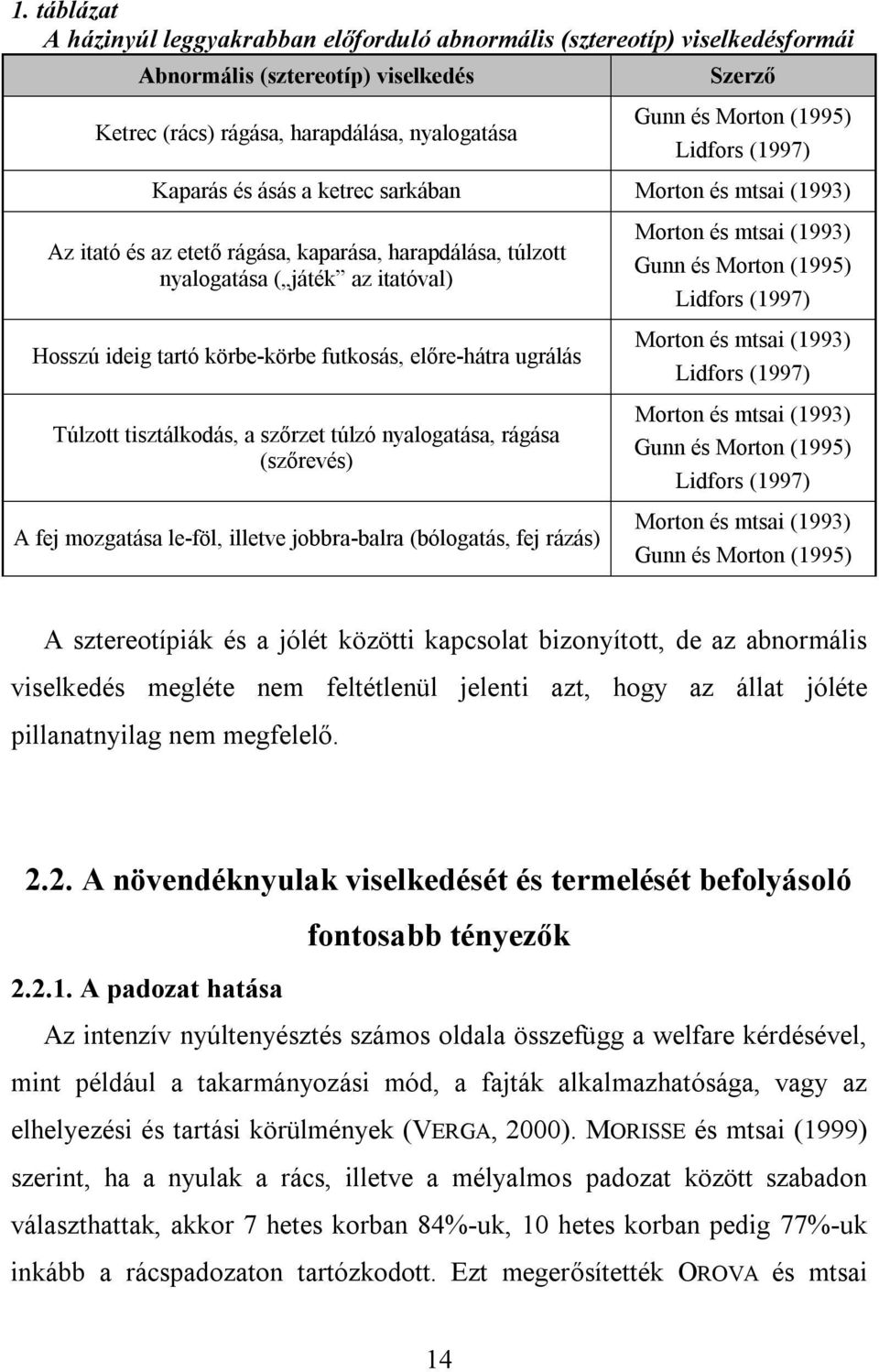 futkosás, előre-hátra ugrálás Túlzott tisztálkodás, a szőrzet túlzó nyalogatása, rágása (szőrevés) A fej mozgatása le-föl, illetve jobbra-balra (bólogatás, fej rázás) Morton és mtsai (1993) Gunn és