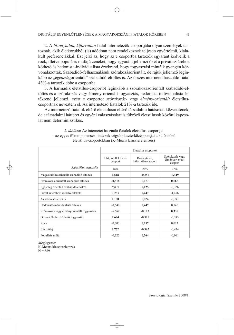 Ezt jelzi az, hogy az e csoportba tartozók egyaránt kedvelik a rock, illetve populáris mûfajú zenéket, hogy egyaránt jellemzi õket a privát szfáréhoz köthetõ és hedonista-individualista értékrend,