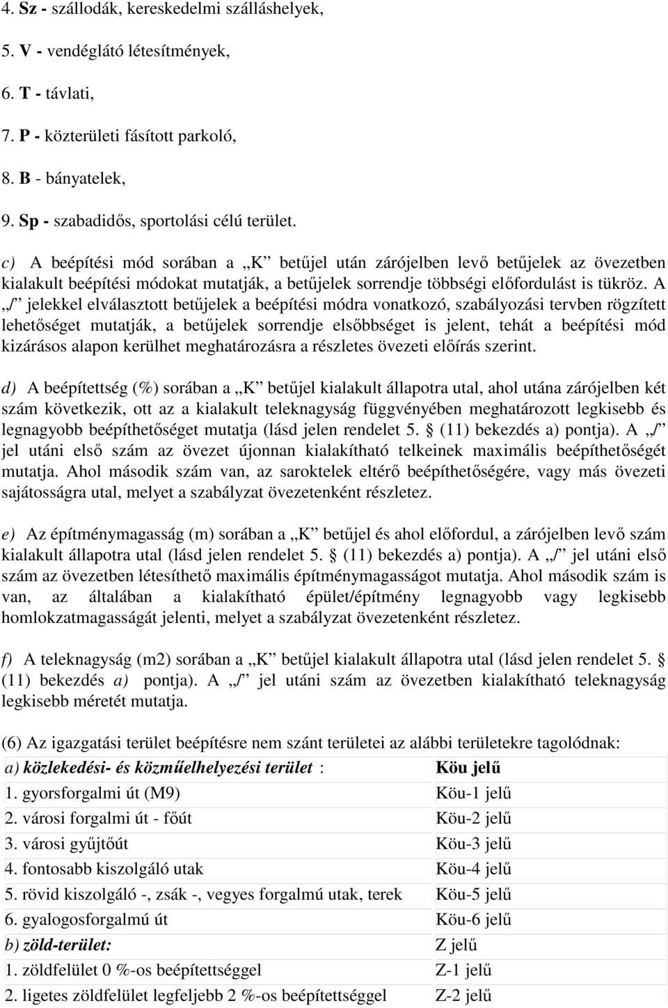 A / jelekkel elválasztott betőjelek a beépítési módra vonatkozó, szabályozási tervben rögzített lehetıséget mutatják, a betőjelek sorrendje elsıbbséget is jelent, tehát a beépítési mód kizárásos