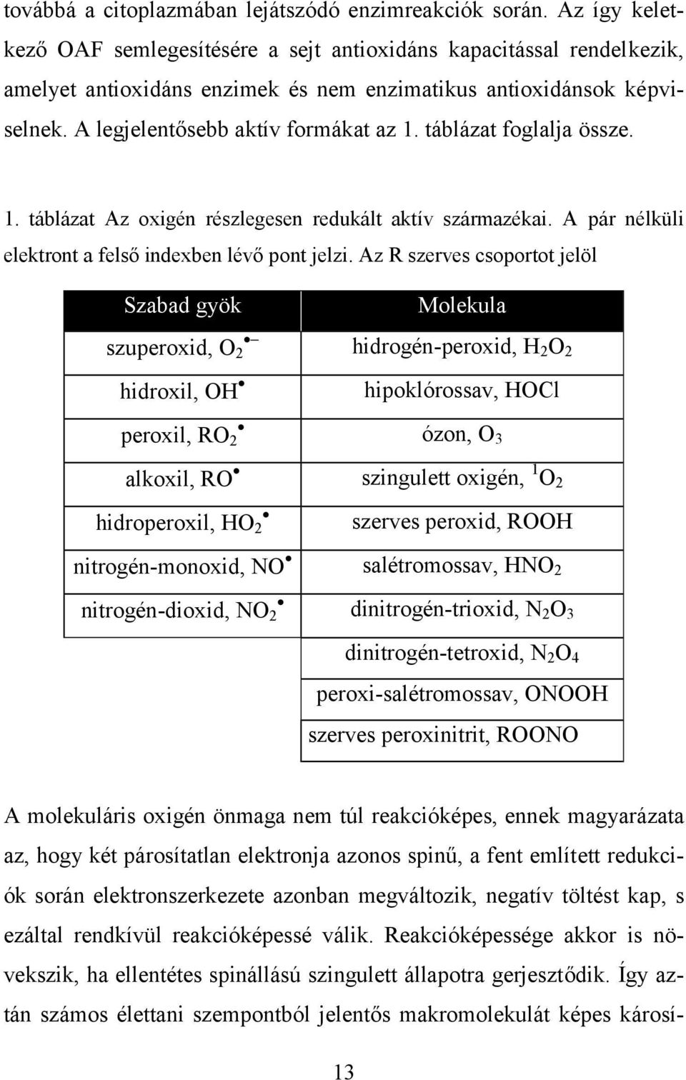 táblázat foglalja össze. 1. táblázat Az oxigén részlegesen redukált aktív származékai. A pár nélküli elektront a felső indexben lévő pont jelzi.