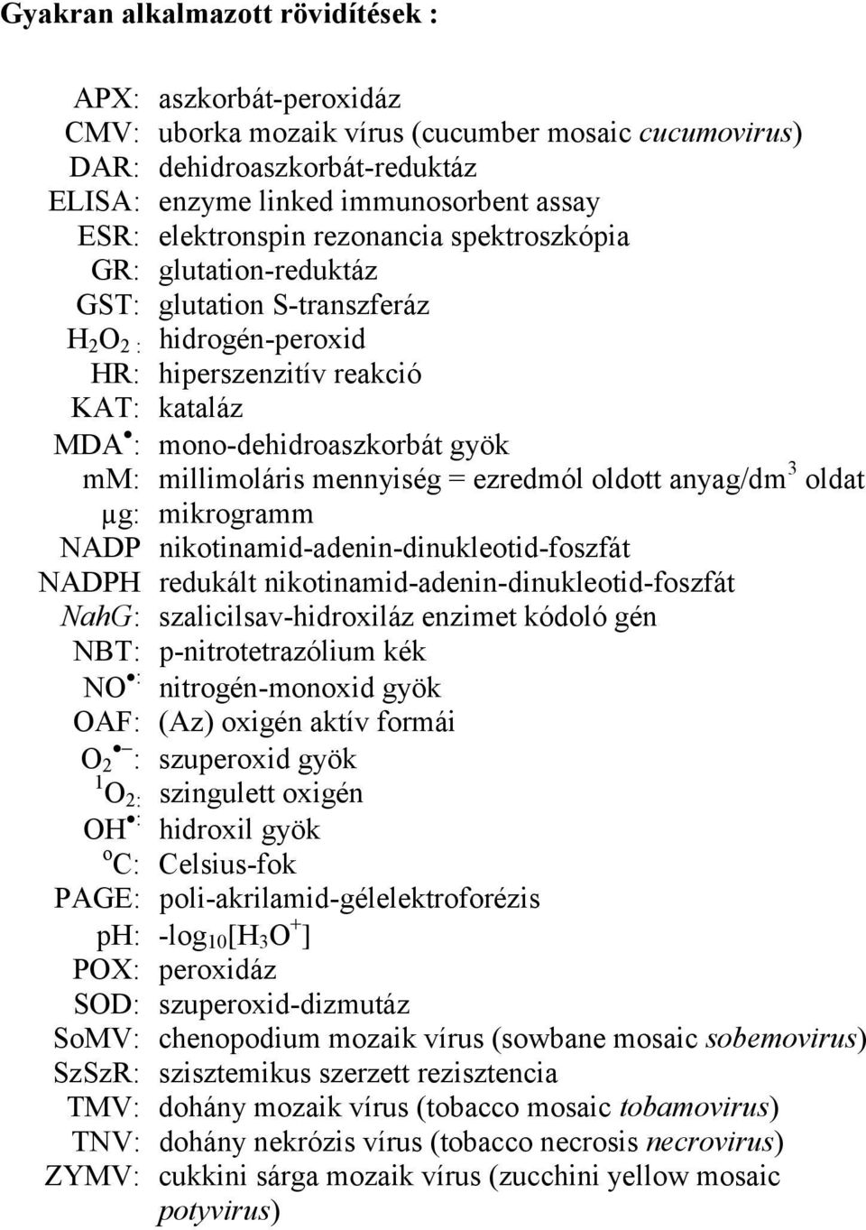 millimoláris mennyiség = ezredmól oldott anyag/dm 3 oldat µg: mikrogramm NADP nikotinamid-adenin-dinukleotid-foszfát NADPH redukált nikotinamid-adenin-dinukleotid-foszfát NahG: szalicilsav-hidroxiláz