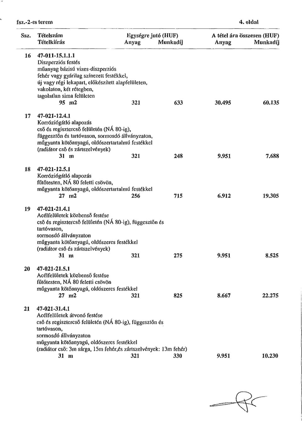 -15.1.1.1 Diszperziós festés műanyag bázisú vizes-diszperziós fehér vagy gyárilag színezett festékkel, új vagy régi lekapart, előkészített alapfelületen, vakolaton, két rétegben, tagolatlan sima