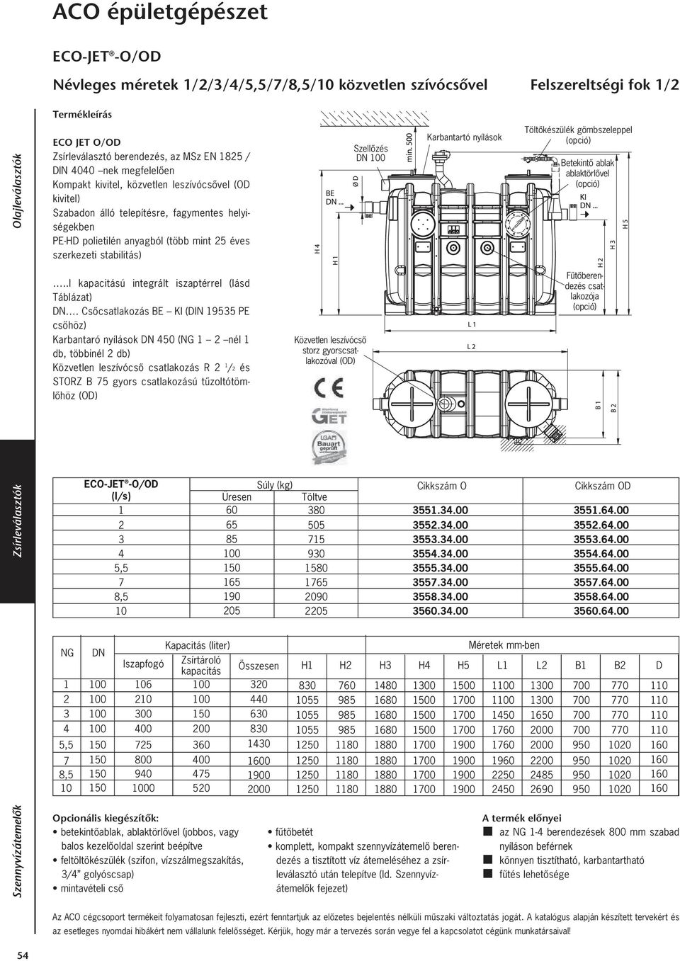 .l kapacitású integrált iszaptérrel (lásd Táblázat).