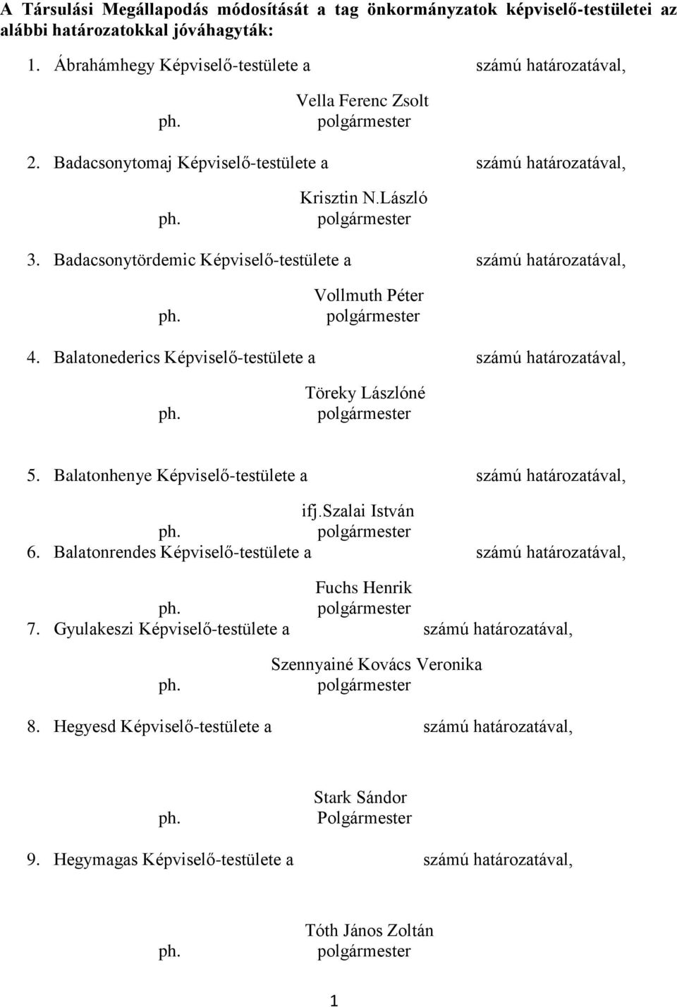 Balatonederics Képviselő-testülete a számú határozatával, Töreky Lászlóné 5. Balatonhenye Képviselő-testülete a számú határozatával, ifj.szalai István 6.