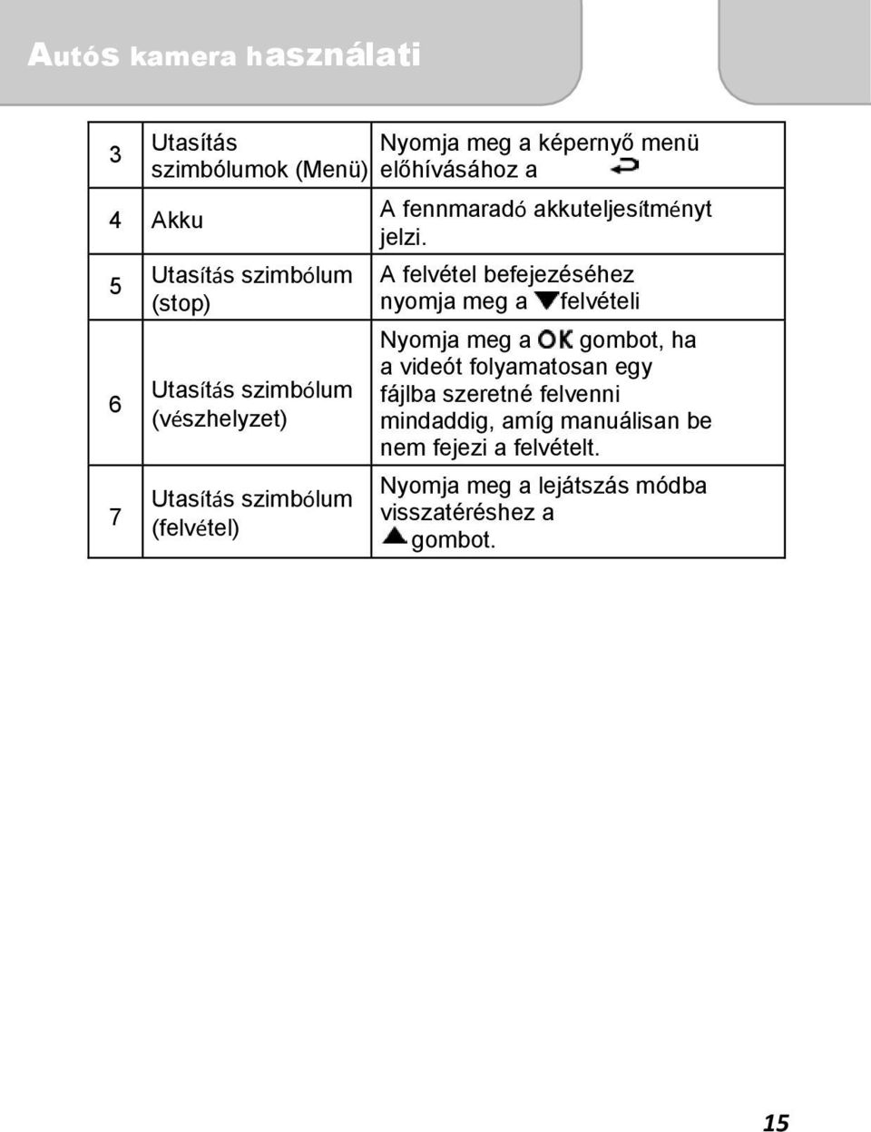 5 6 7 Utasítás szimbólum (stop) Utasítás szimbólum (vészhelyzet) Utasítás szimbólum (felvétel) A felvétel