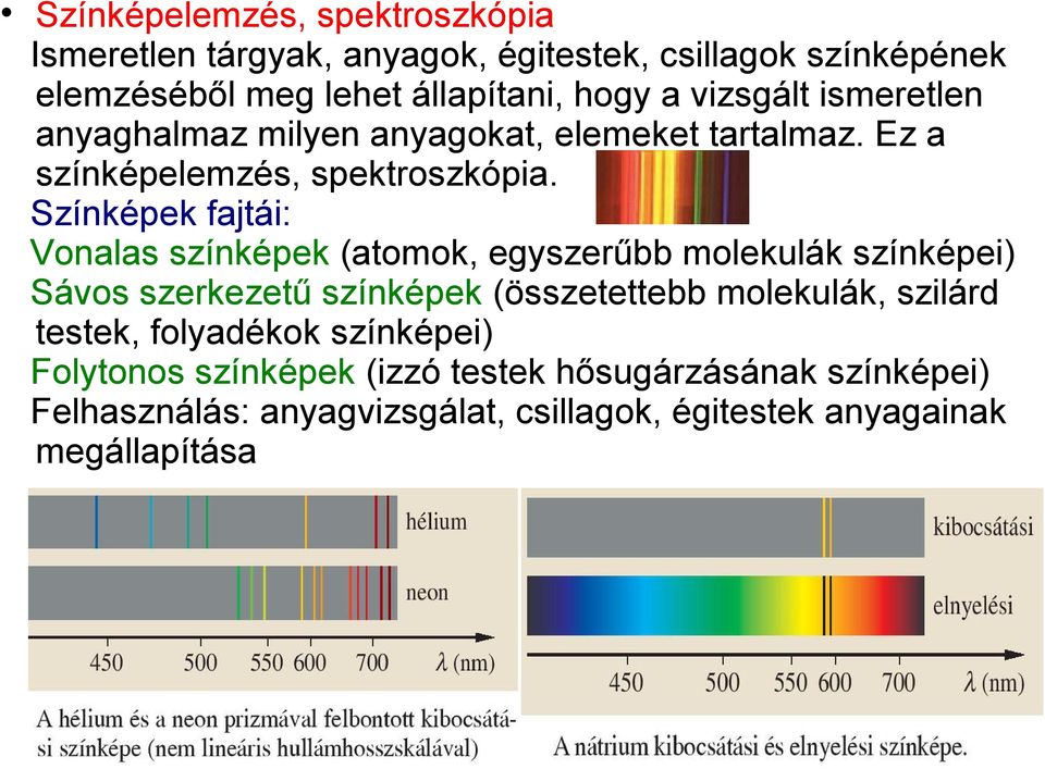 Színképek fajtái: Vonalas színképek (atomok, egyszerűbb molekulák színképei) Sávos szerkezetű színképek (összetettebb molekulák,