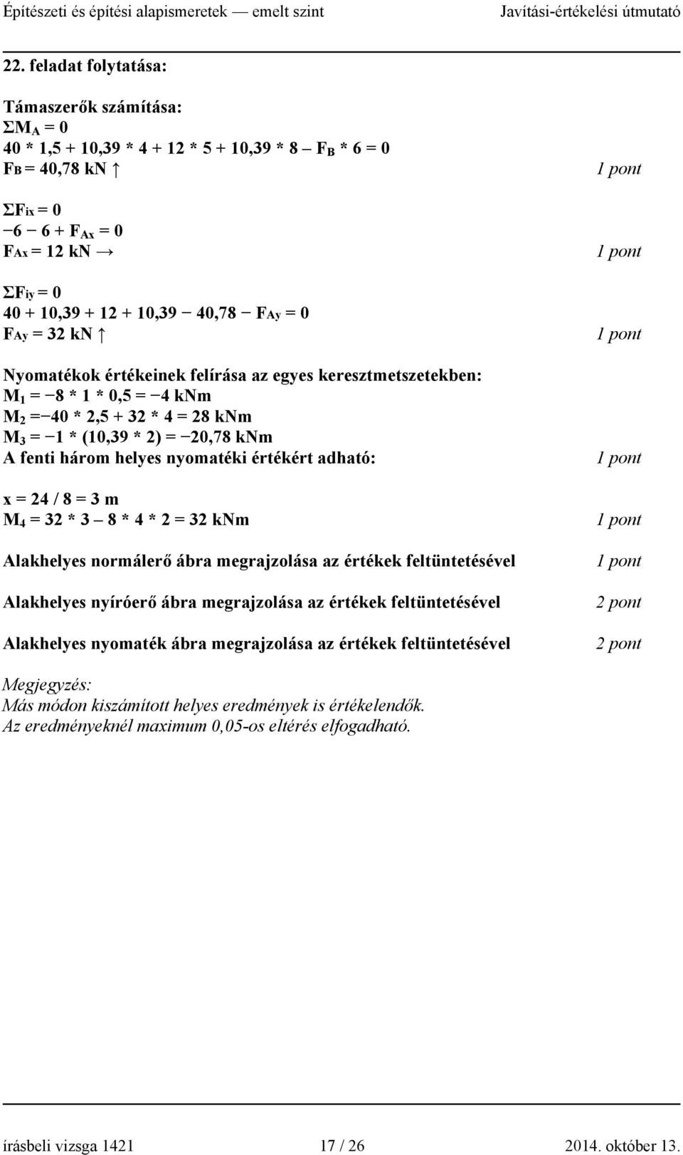 nyomatéki értékért adható: x = 24 / 8 = 3 m M 4 = 32 * 3 8 * 4 * 2 = 32 knm Alakhelyes normálerő ábra megrajzolása az értékek feltüntetésével Alakhelyes nyíróerő ábra megrajzolása az értékek