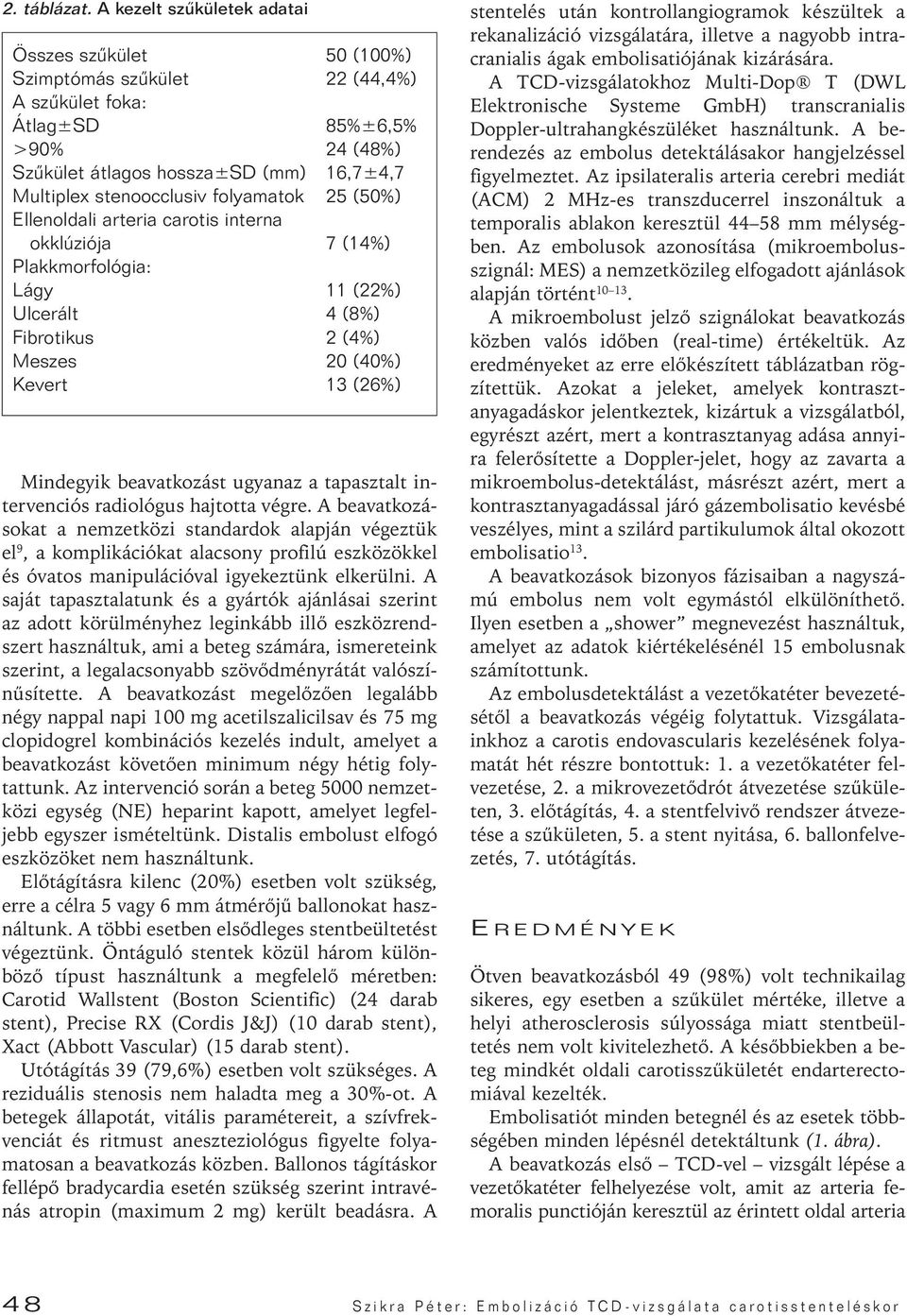 folyamatok 25 (50%) Ellenoldali arteria carotis interna okklúziója 7 (14%) Plakkmorfológia: Lágy 11 (22%) Ulcerált 4 (8%) Fibrotikus 2 (4%) Meszes 20 (40%) Kevert 13 (26%) Mindegyik beavatkozást