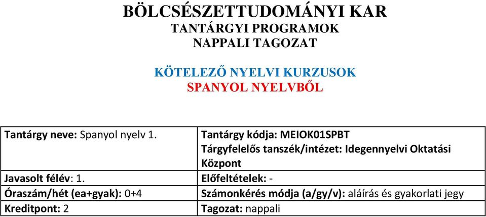 Tantárgy kódja: MEIOK01SPBT Tárgyfelelős tanszék/intézet: Idegennyelvi Oktatási Központ